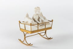 Crib Brass Gilded and Child with Bed and Biscuit Pillows