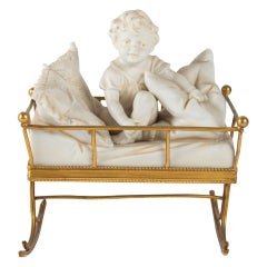 Crib Brass Gilded and Child with Bed and Biscuit Pillows