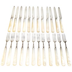 Vintage Crichton Bros. Service for 12 Sterling Mother of Pearl Handle Fork / Knife Set