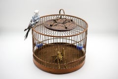 Cricket Cage with Brass Cricket and a Taxidermy Budgie