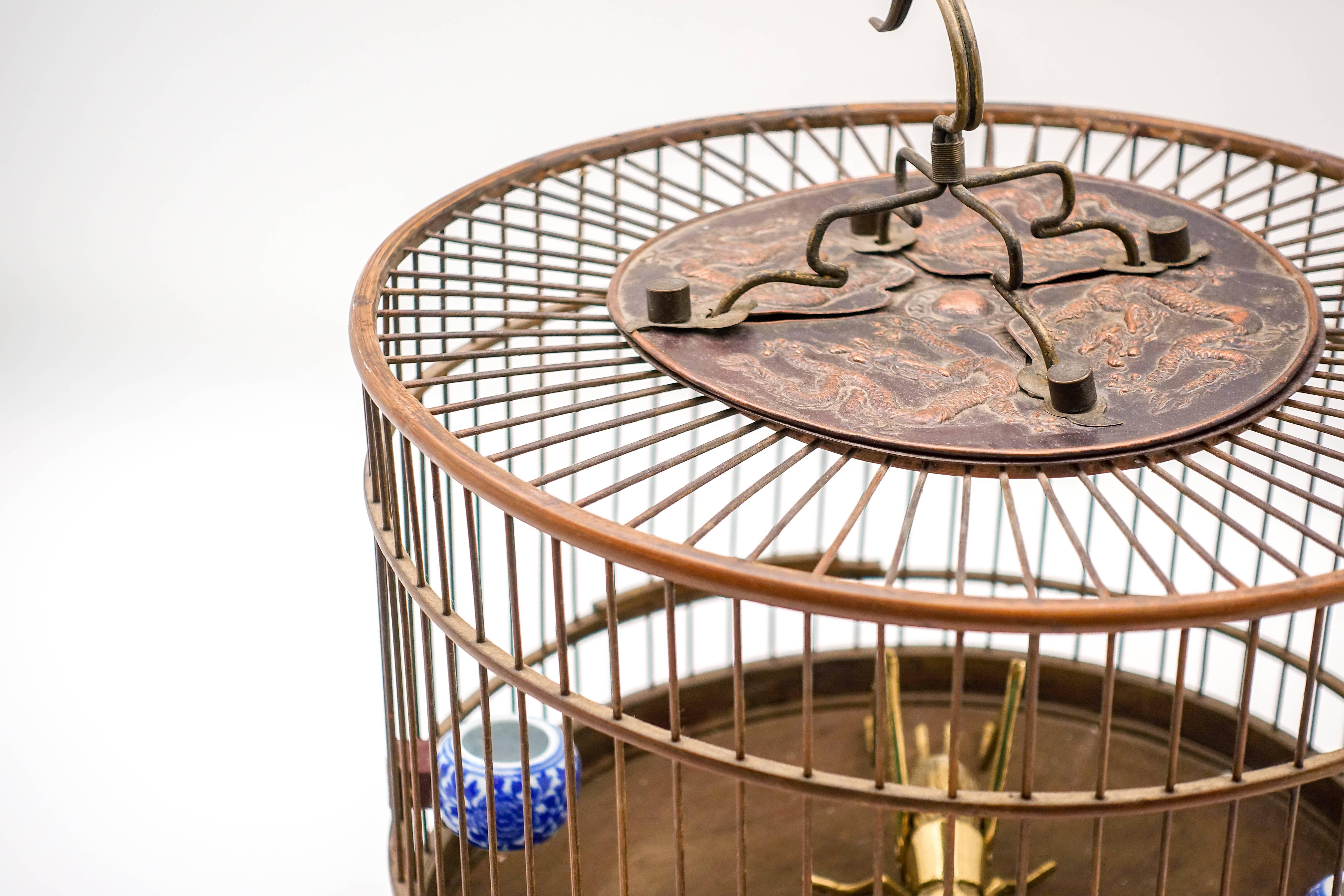 Qing Cricket Cage with Brass Cricket and a Taxidermy Budgie