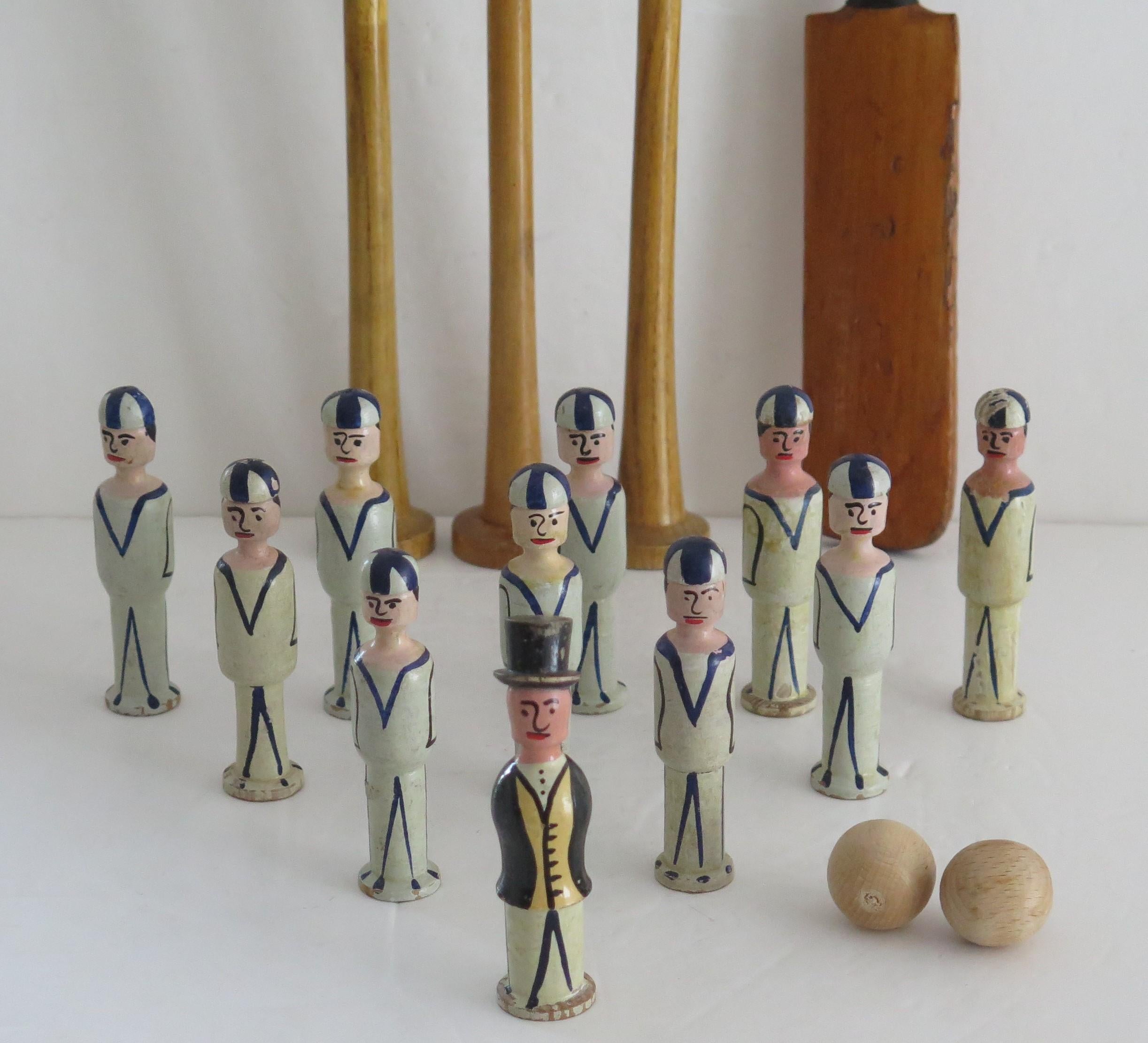 Folk Art Indoor Cricket Game Hand Made Wood Set of 18 Pieces, circa 1900 For Sale