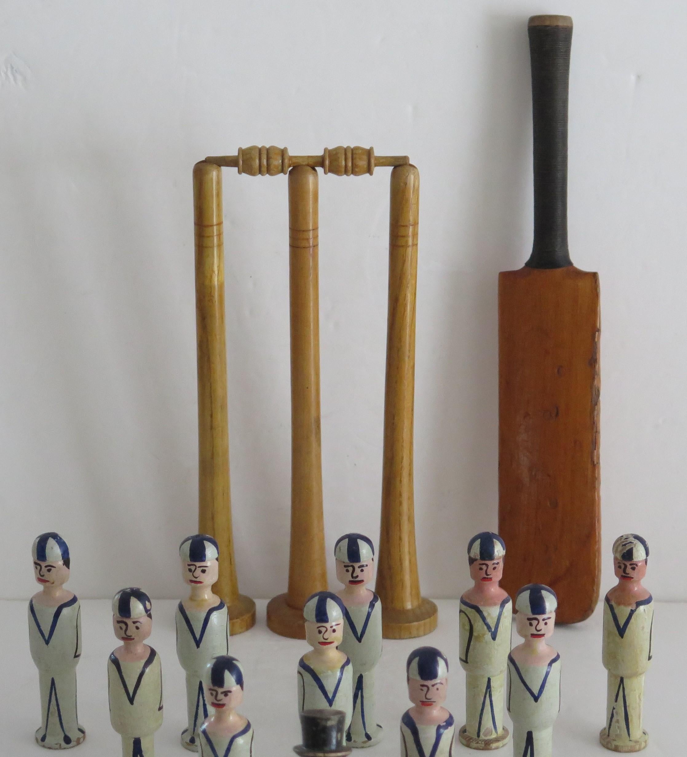 English Indoor Cricket Game Hand Made Wood Set of 18 Pieces, circa 1900 For Sale