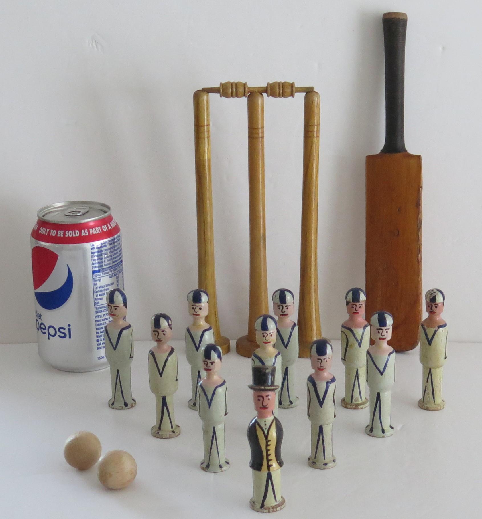 Hand-Crafted Indoor Cricket Game Hand Made Wood Set of 18 Pieces, circa 1900 For Sale