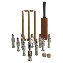 Indoor Cricket Spiel Hand Made Wood Set von 18 Pieces, um 1900