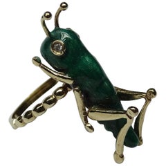 Cricket Green Enamel White Diamonds 14 Karat Yellow Gold Art Nouveau Ring