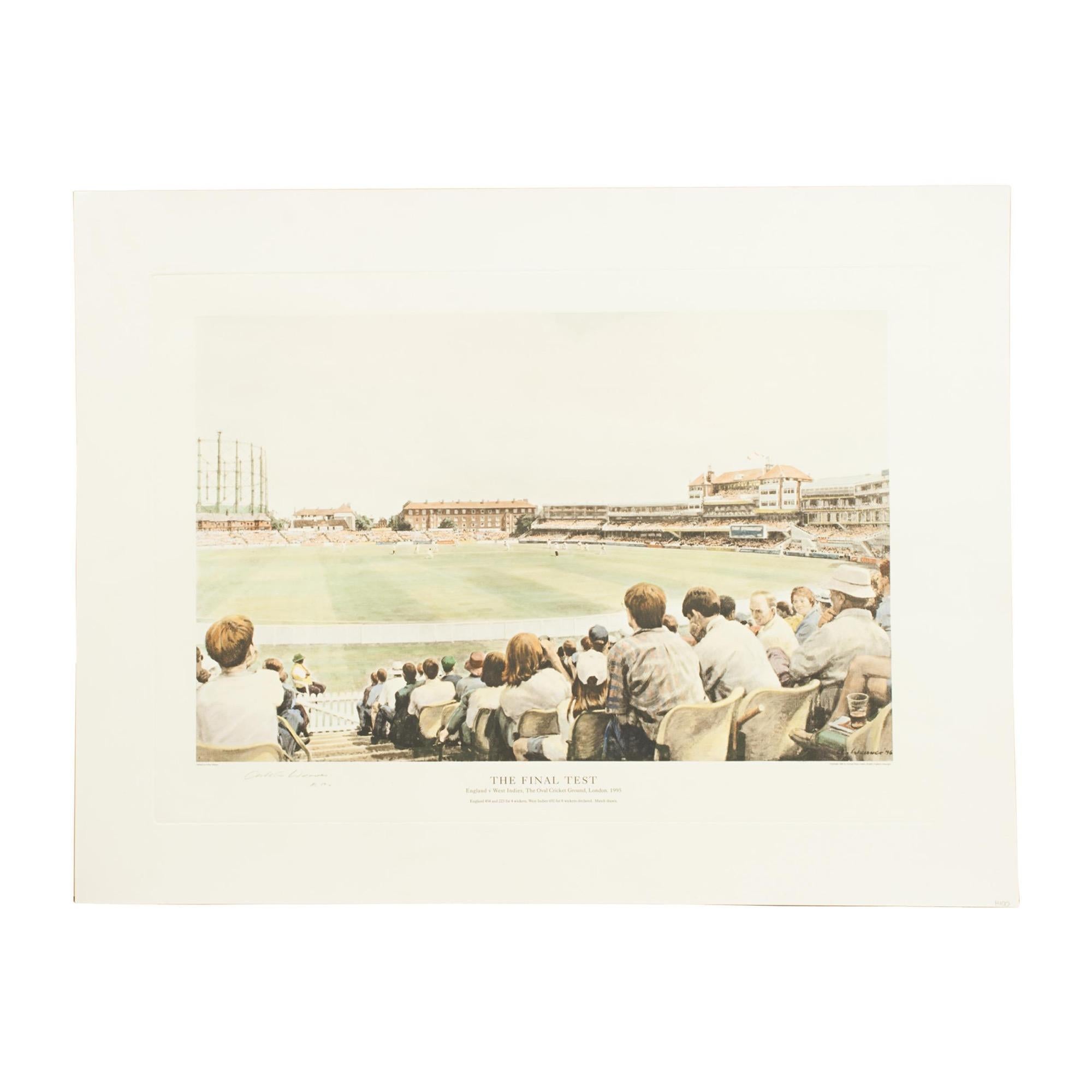 1990er Arthur Weaver Oval Cricket Ground Print, England gegen Westindien.
Eine farbenfrohe, vom Künstler Arthur Weaver signierte Cricket-Lithografie des 