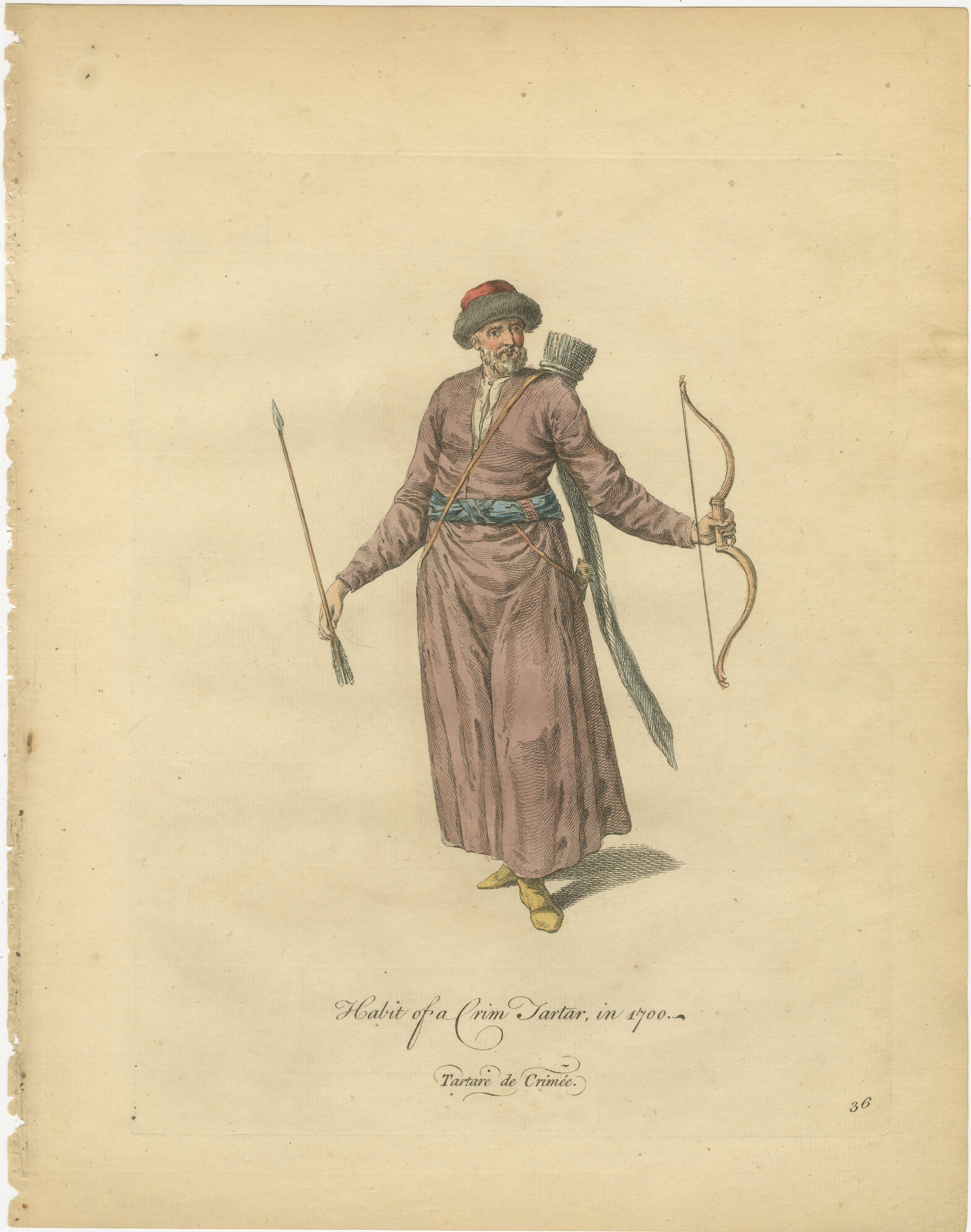 Crimean Tartar Archer Costume Print, Hand-Colored Jefferys 1749