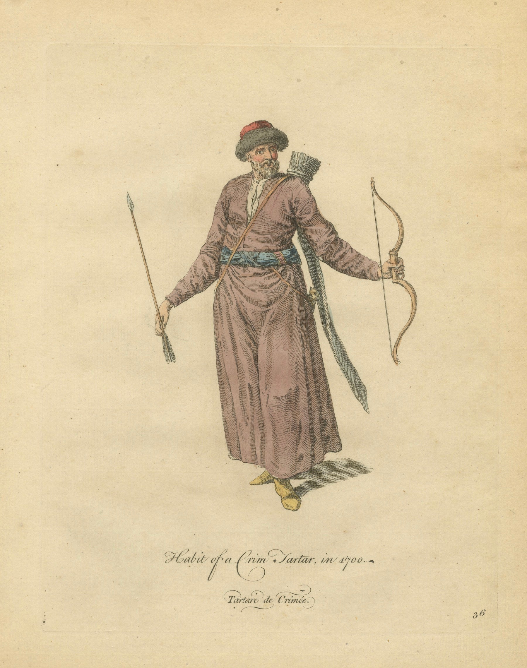 Crimean Tartar Archer Costume Print, Hand-Colored Jefferys 1749