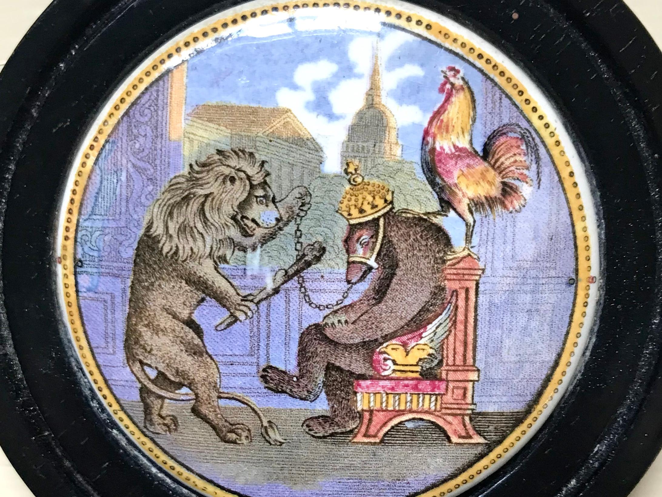 Crimean war commemorative prattware decorative Lid. Prattware decorative lid from turn of the century in original ebonized frame with rare Crimean War commemorative with Britannic Lion and French cockerel guarding Russian bear in perfect condition,