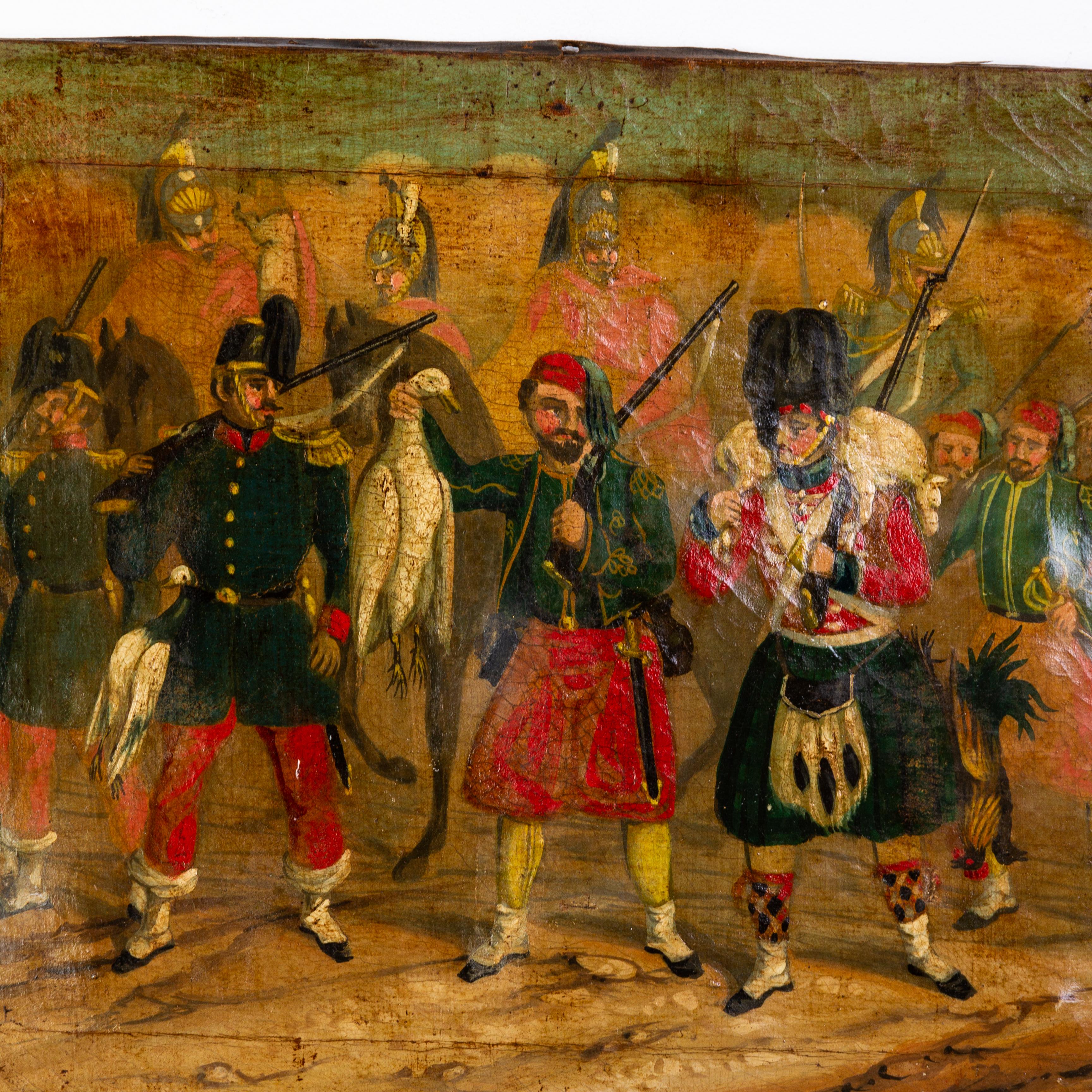 Soldados de la guerra de Crimea Pintura al óleo sobre lienzo Siglo XIX 
Dimensiones: 41 x 33 cm, 
Buen estado en general, con restauraciones profesionales en la parte posterior de la lona
De una colección privada.
Envío internacional gratuito.