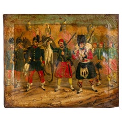 Antique Crimean War Soldiers Oil Painting on Canvas 19th Century