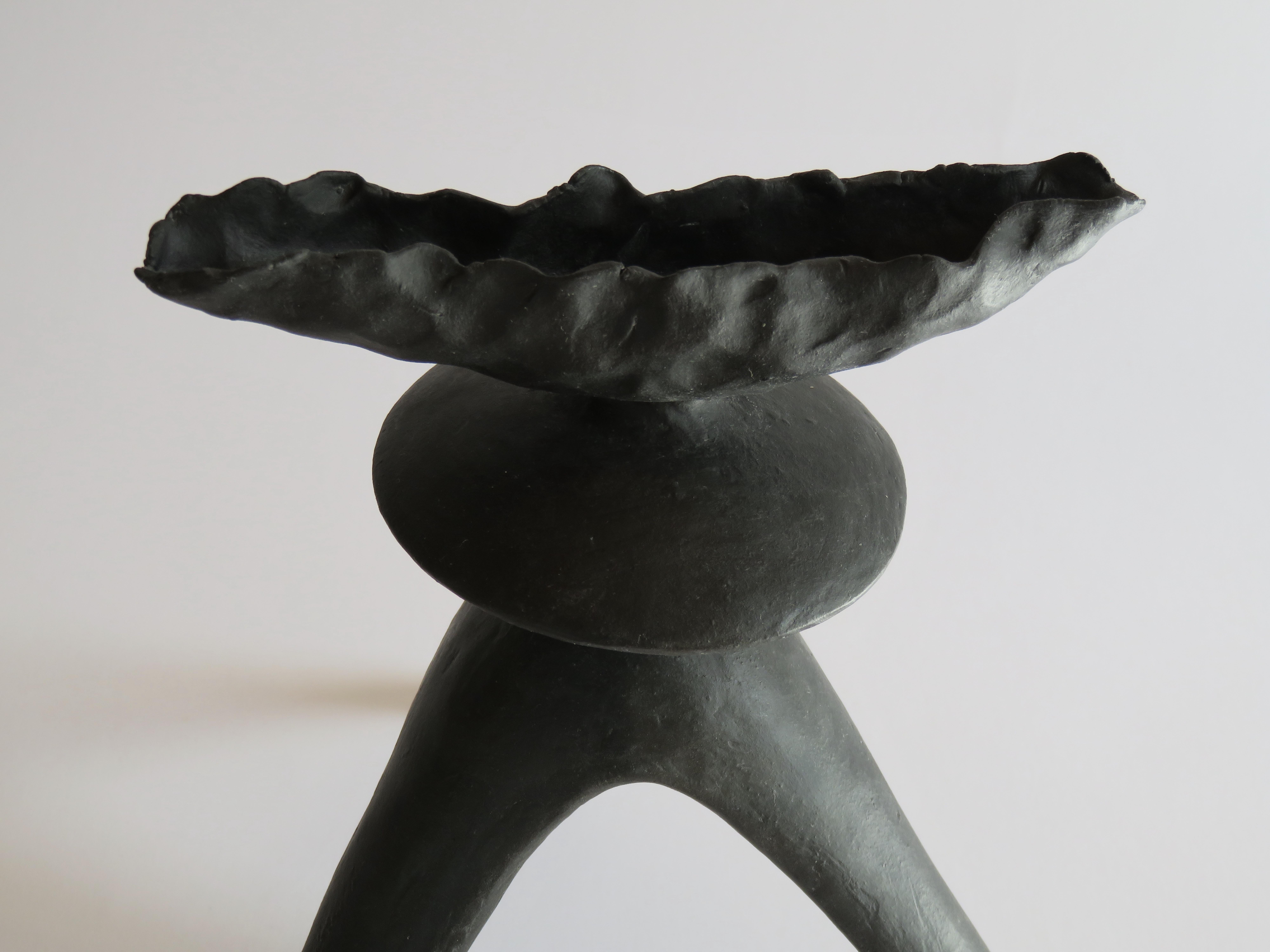 Crimped-Top Black Ceramic TOTEM with Middle Sphere on Tripod Legs, Hand Built 3
