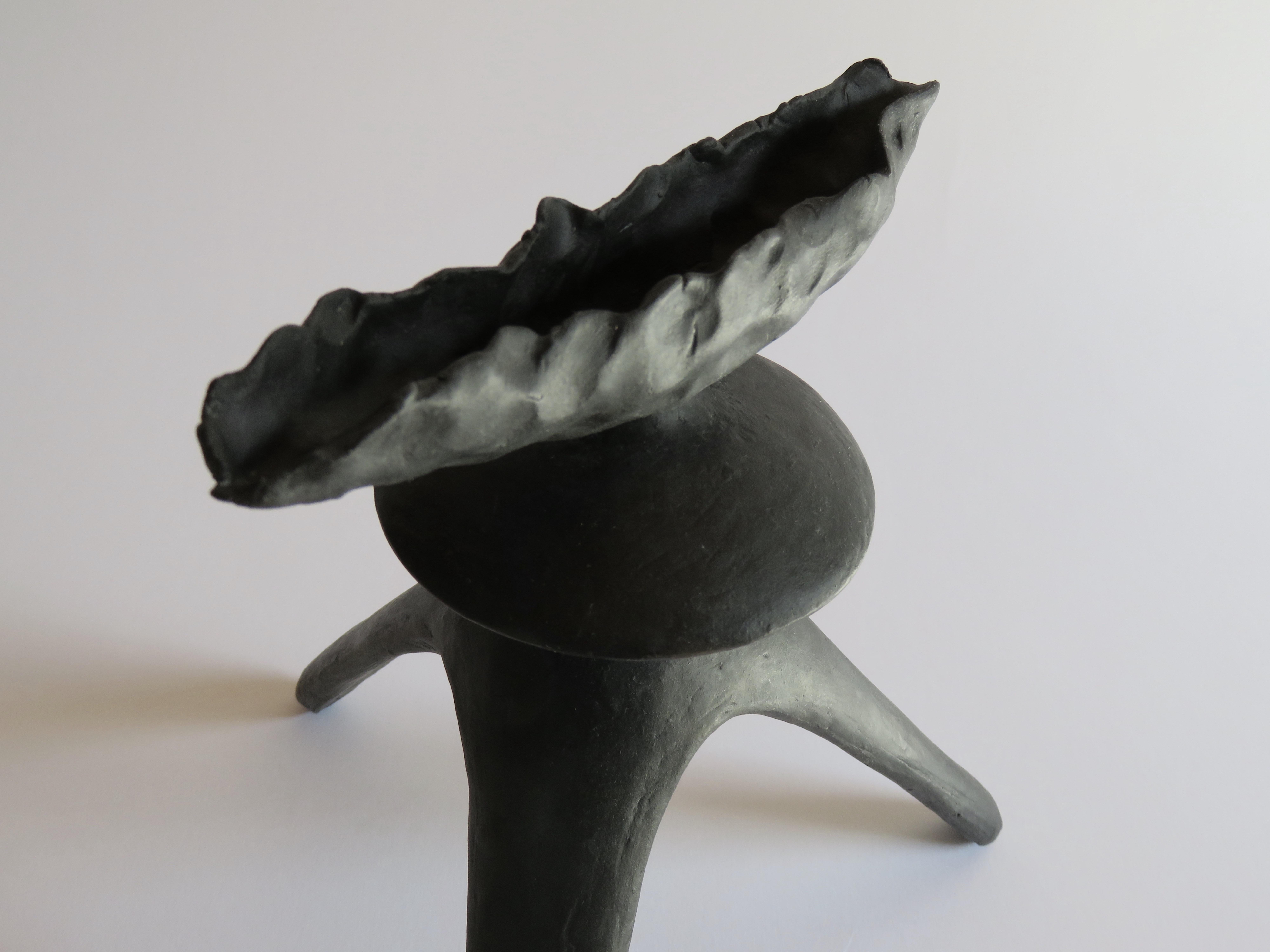 Crimped-Top Black Ceramic TOTEM with Middle Sphere on Tripod Legs, Hand Built 6