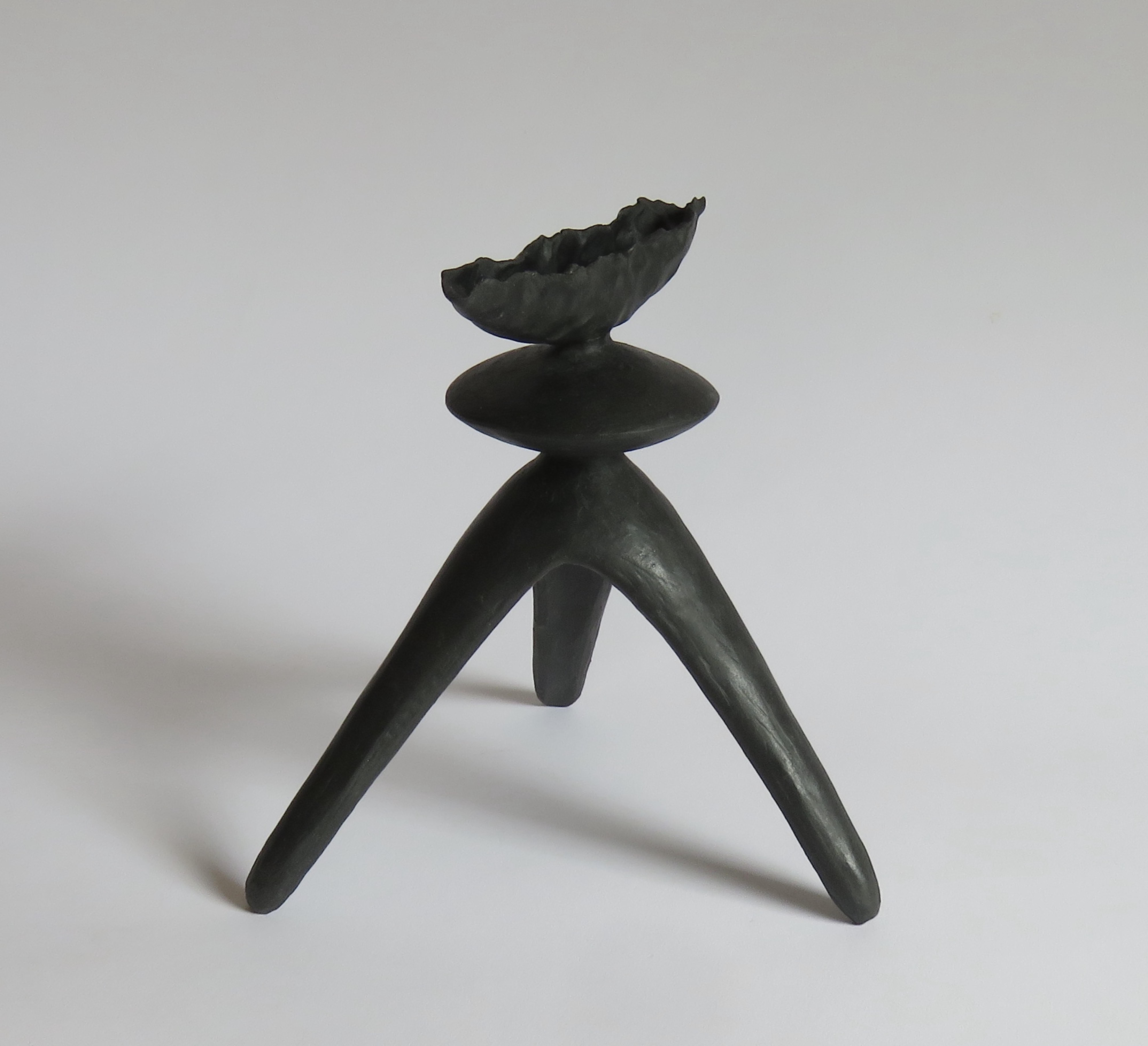 Organic Modern Crimped-Top Black Ceramic TOTEM with Middle Sphere on Tripod Legs, Hand Built