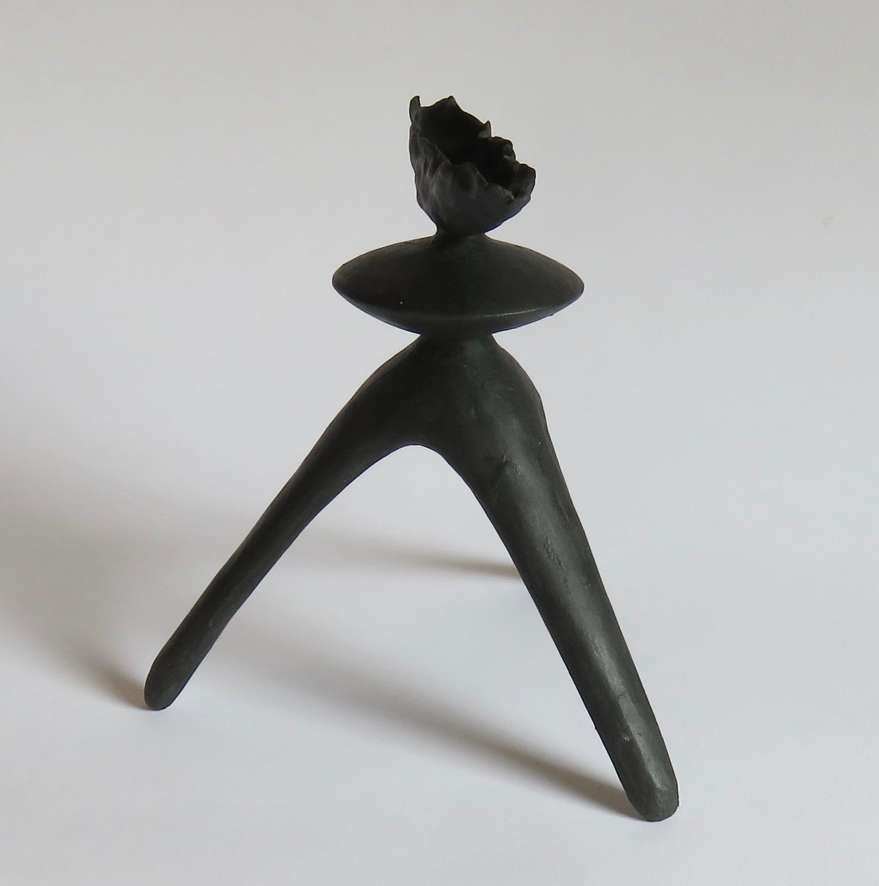 Hand-Crafted Crimped-Top Black Ceramic TOTEM with Middle Sphere on Tripod Legs, Hand Built