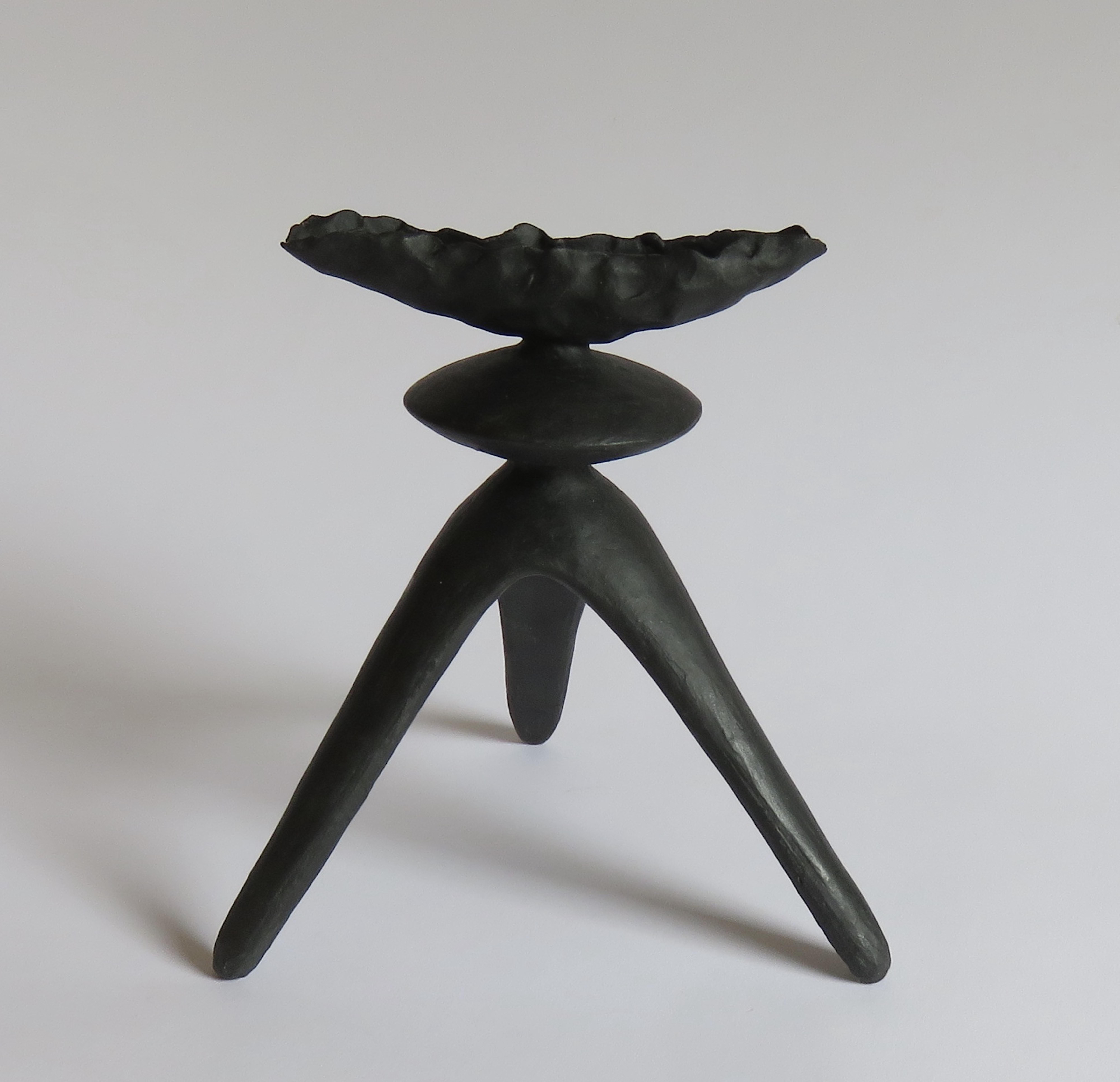Contemporary Crimped-Top Black Ceramic TOTEM with Middle Sphere on Tripod Legs, Hand Built
