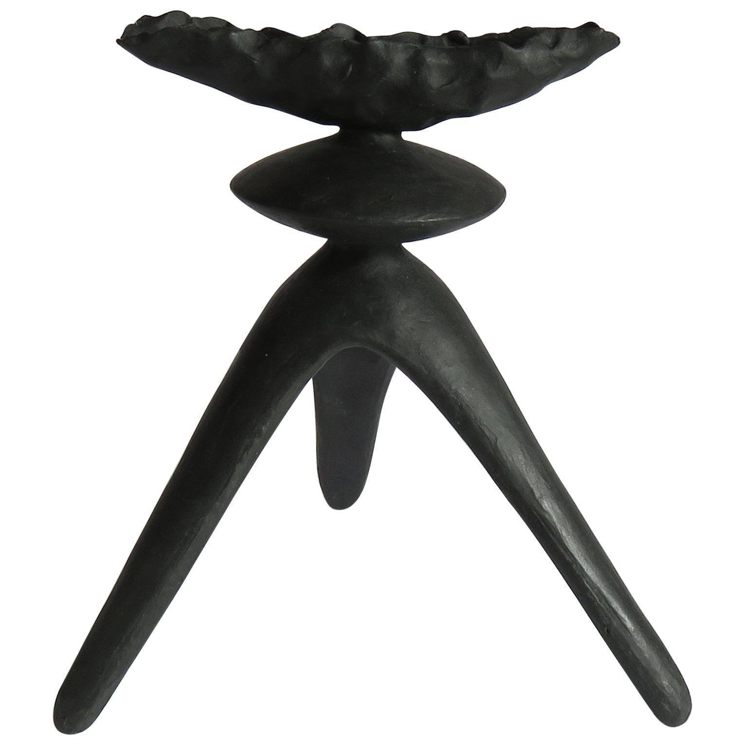 Crimped-Top Black Ceramic TOTEM with Middle Sphere on Tripod Legs, Hand Built