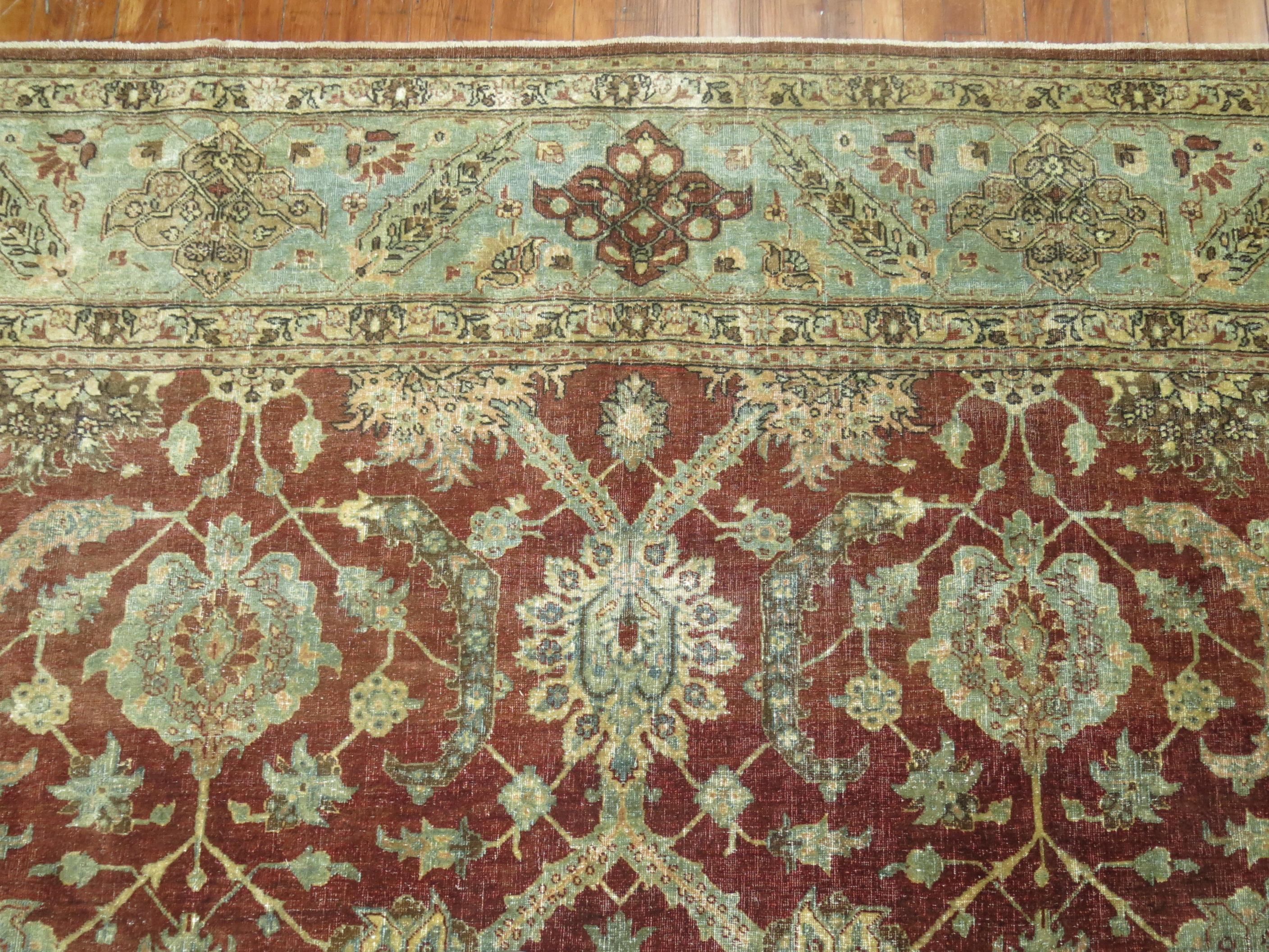 Hand-Woven Crimson Antique Persian Tabriz Room Size Rug For Sale
