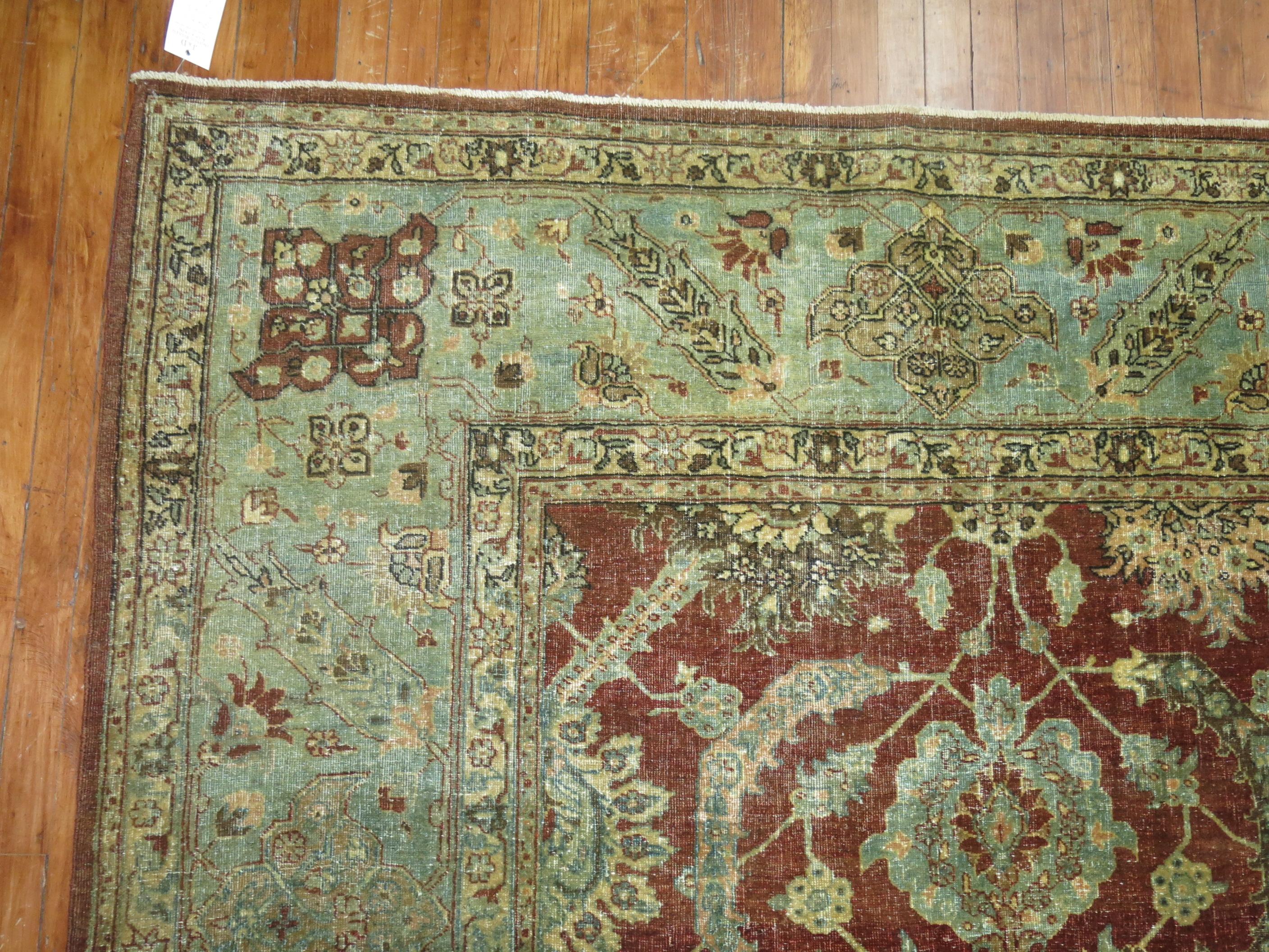 Crimson Antique Persian Tabriz Room Size Rug In Fair Condition For Sale In New York, NY