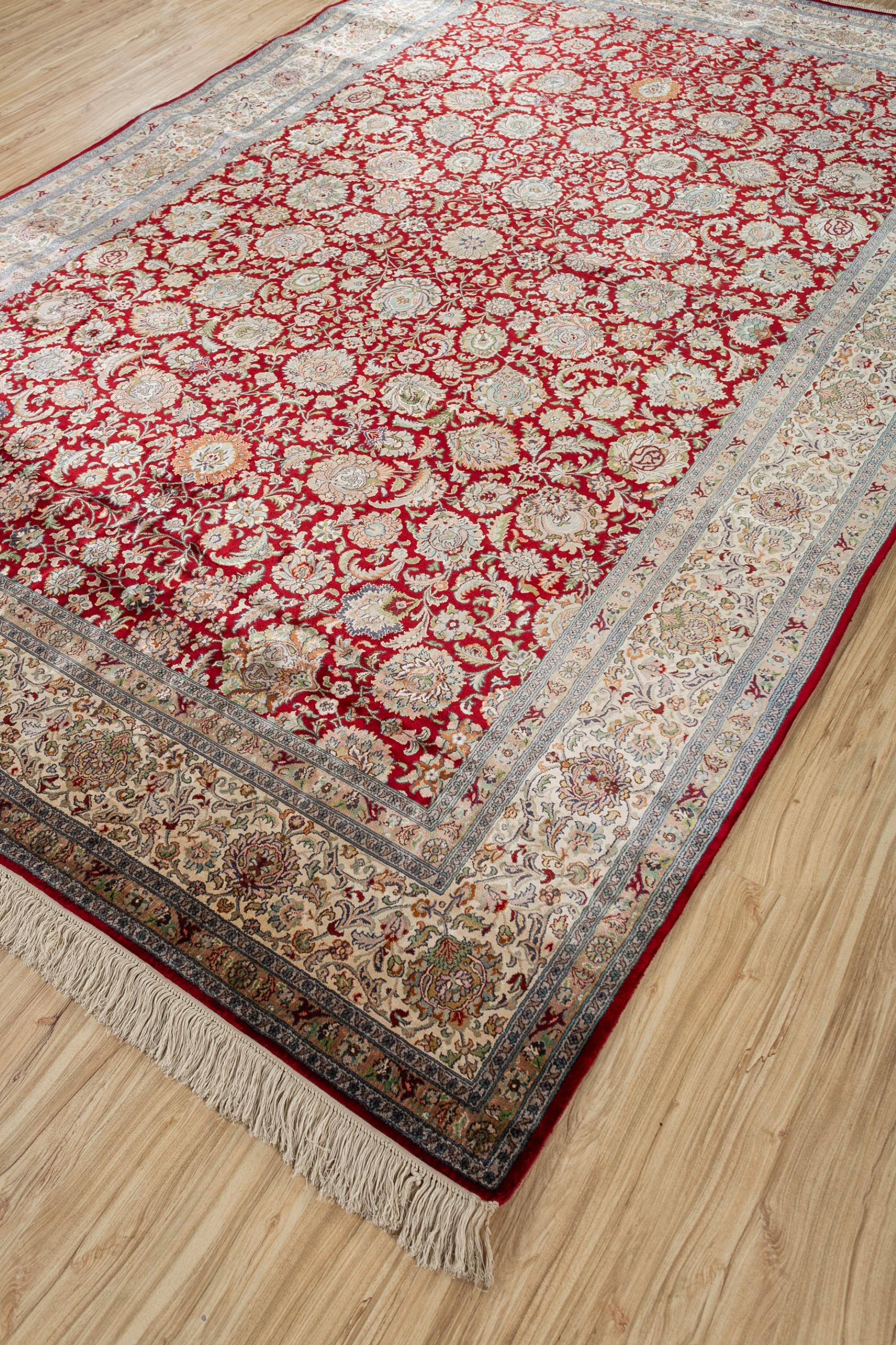 Indian Crimson Bouquet Ribbon Red & Linen 180x270 cm Hand Knotted Rug For Sale