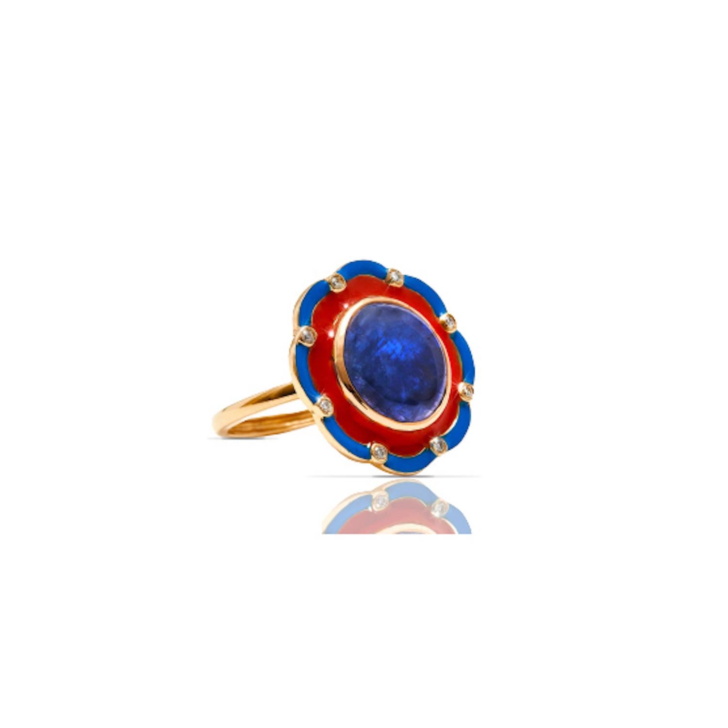 A gorgeous ring with a mix of stunning gemstones and enamel. This ring features a mesmerizing blue Cabochon Burmese Sapphire of exceptional color depth, in a cirque of glossy crimson orange enamel accented with sparkling white Diamonds set in a