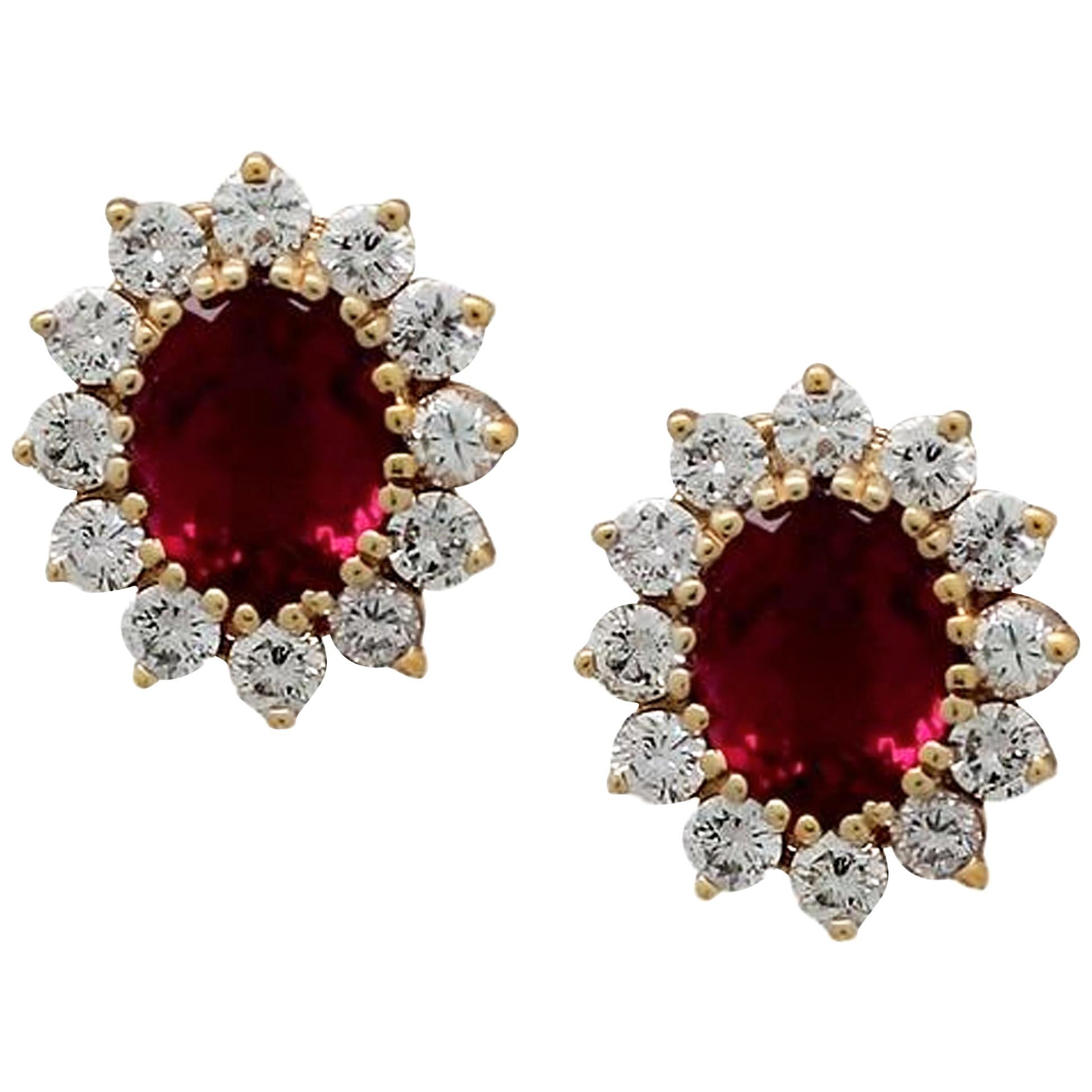 Crimson Oval Tourmaline & Diamond Cluster Stud Earrings in 14kt Y/G For Sale