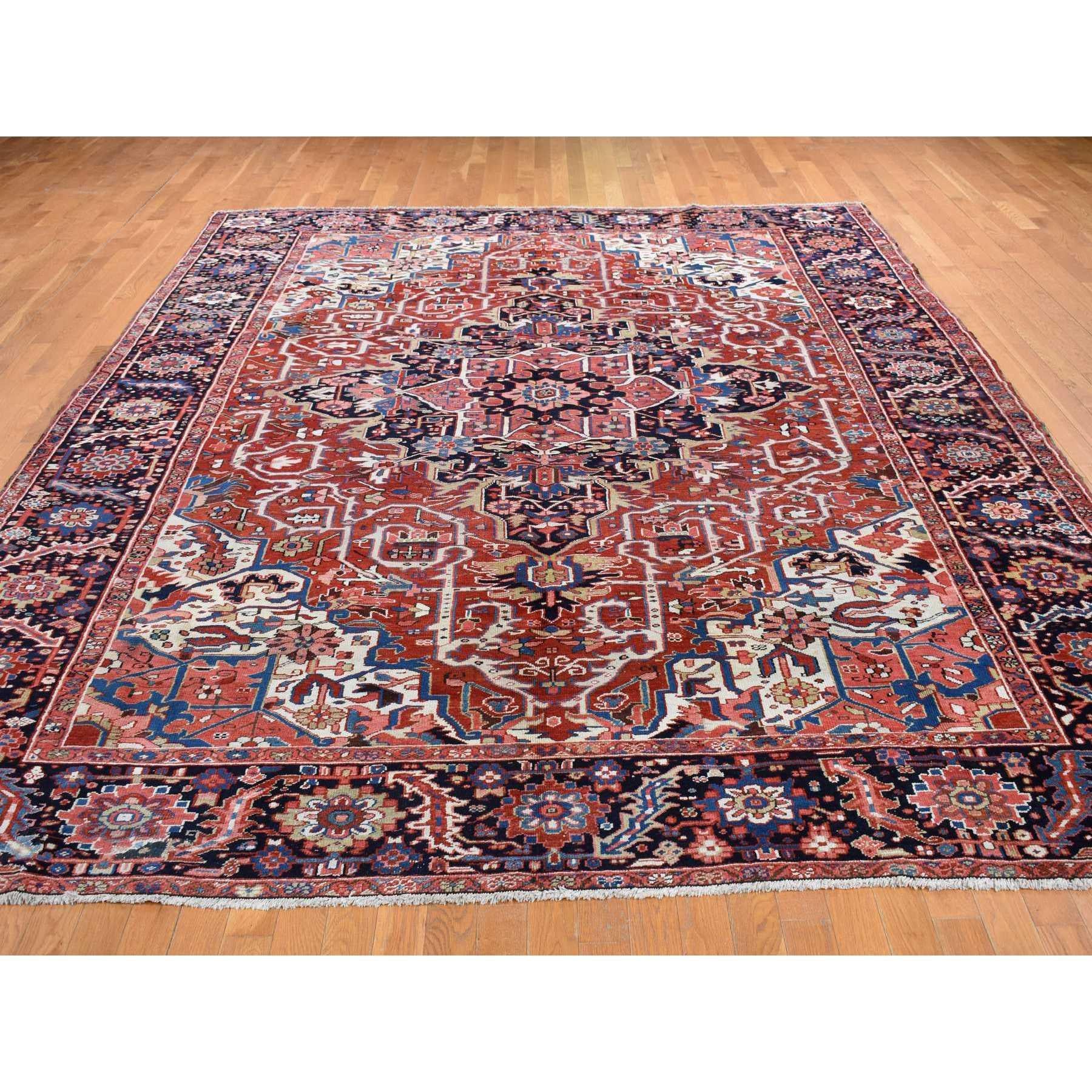 Medieval Crimson Red Antique Persian Heriz Rosette Hand Knotted Pure Wool Clean Rug For Sale
