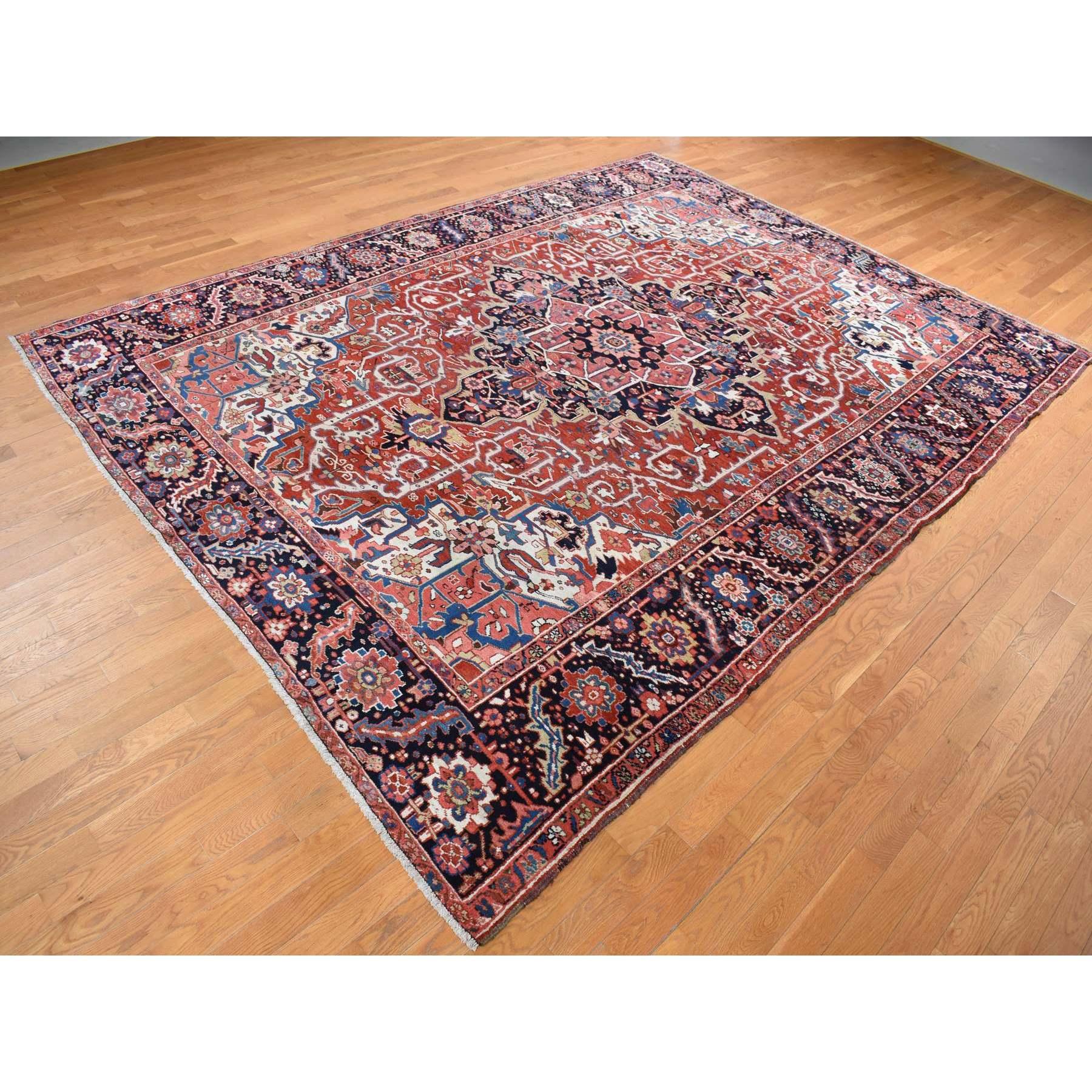 Hand-Knotted Crimson Red Antique Persian Heriz Rosette Hand Knotted Pure Wool Clean Rug For Sale