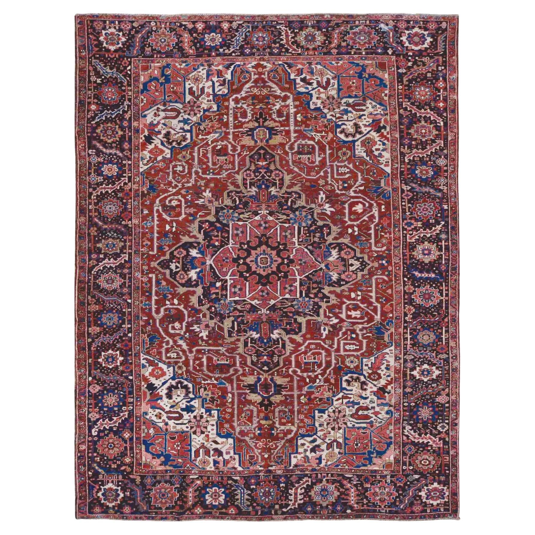 Crimson Red Antique Persian Heriz Rosette Hand Knotted Pure Wool Clean Rug For Sale