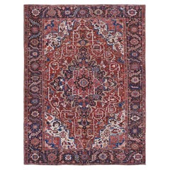 Crimson Red Vintage Persian Heriz Rosette Hand Knotted Pure Wool Clean Rug