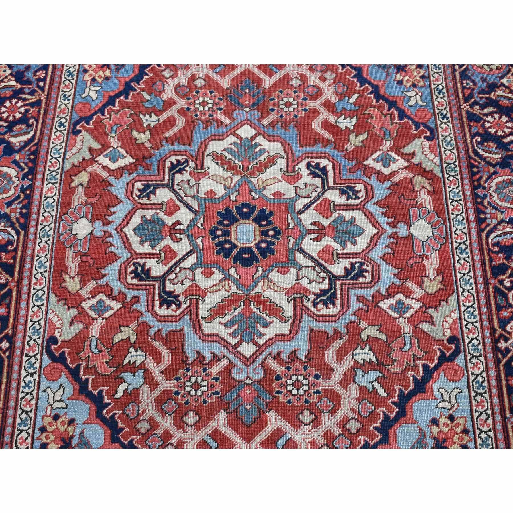 Crimson Red Antique Persian Serapi Heriz Clean Even Wear Hand Knotted Wool Rug In Good Condition For Sale In Carlstadt, NJ