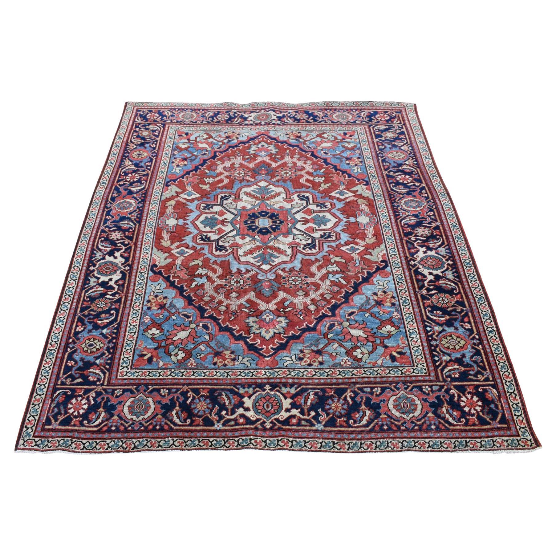 Crimson Red Antique Persian Serapi Heriz Clean Even Wear Hand Knotted Wool Rug For Sale
