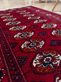 Crimson Red Bukhara Turkmen Rug • Handmade Wool Accent Carpet (2′8″×4′6″)