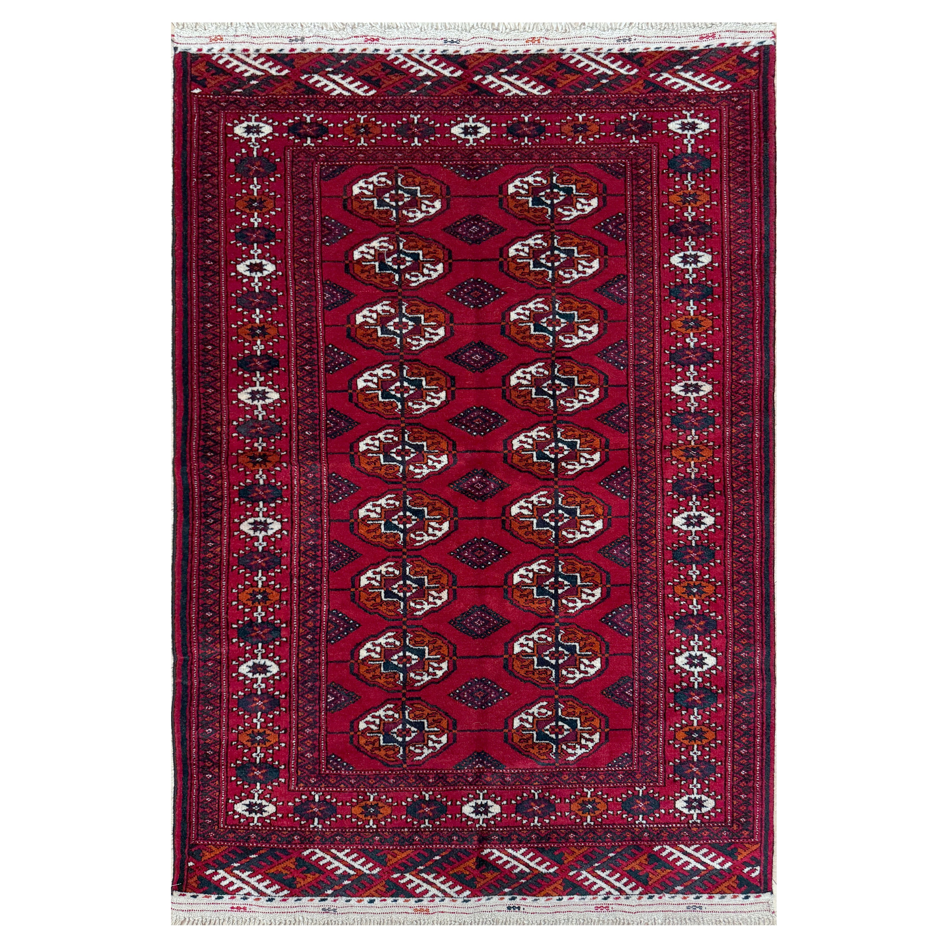 Karminroter Buchara-Turkmenen-Teppich - • Handgefertigter Woll-Akzent-Teppich (2′8″×4′6″)