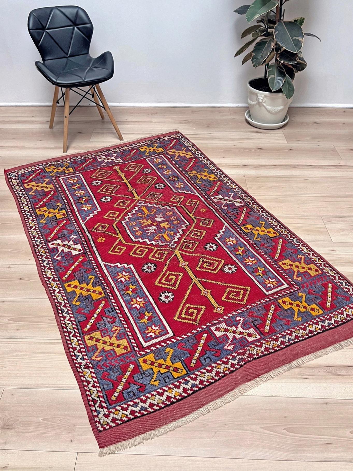 Hand-Knotted Crimson Red Canakkale • Handmade Vintage Turkish Rug (4'x6') • 1940s Anatolia For Sale