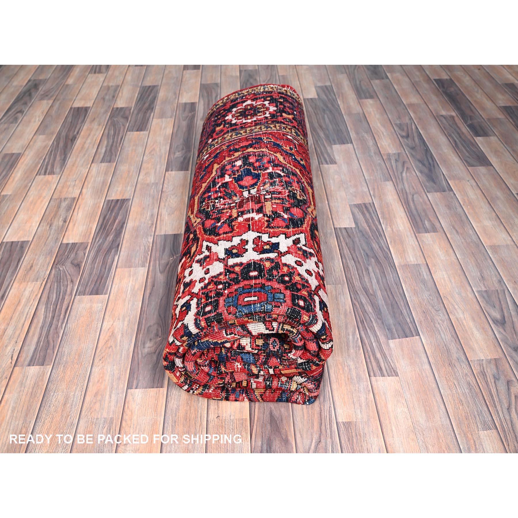 Crimson Red Distressed Look Natural Wool Hand Knotted Vintage Persian Heriz Rug For Sale 4