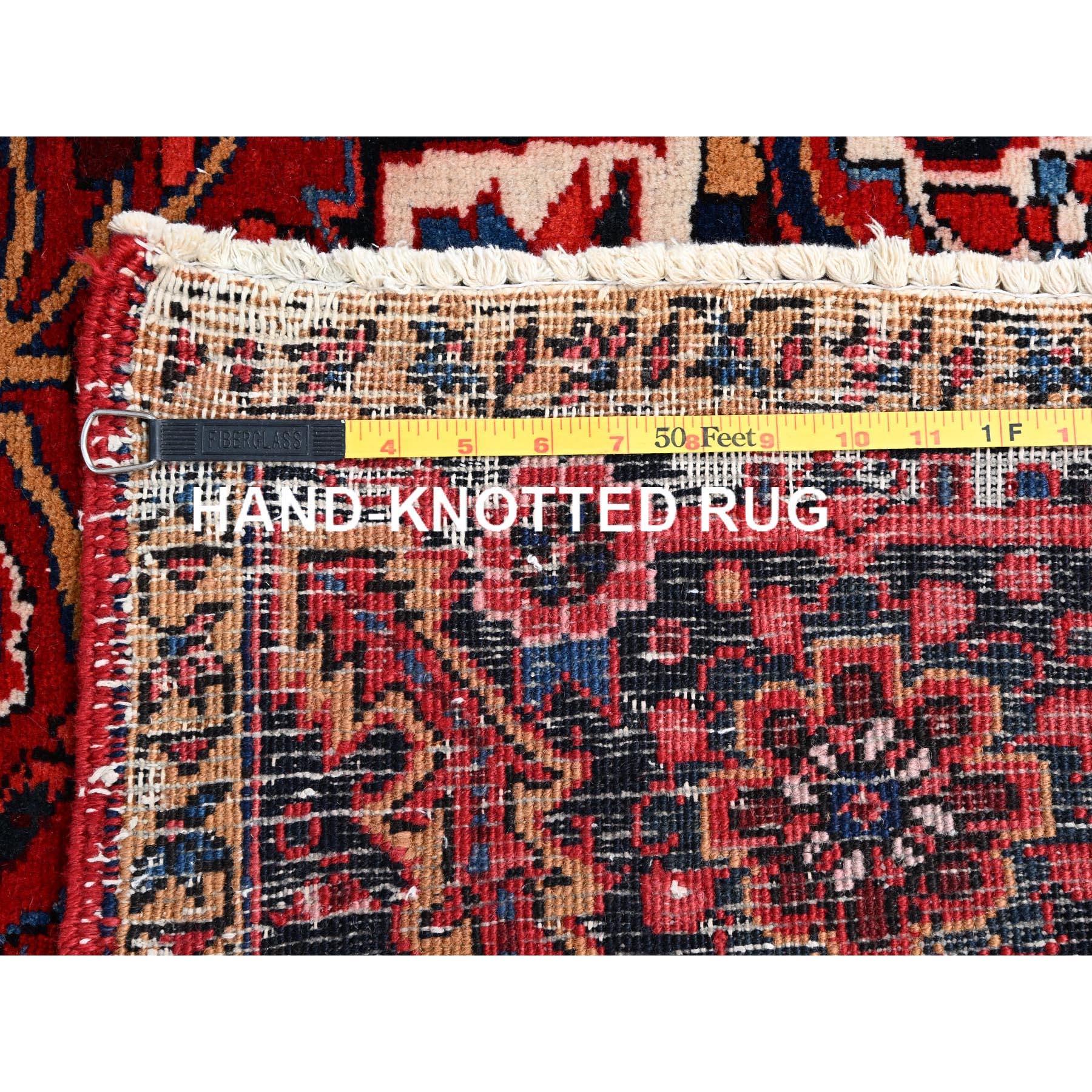 Crimson Red Distressed Look Natural Wool Hand Knotted Vintage Persian Heriz Rug For Sale 6