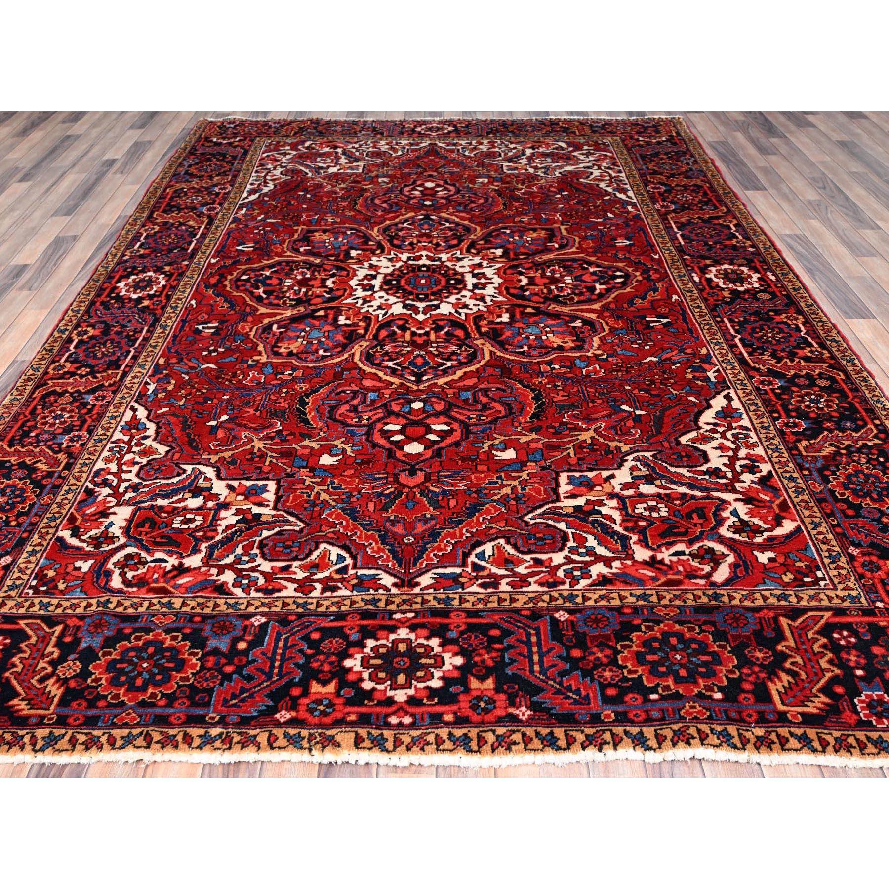 Medieval Crimson Red Distressed Look Natural Wool Hand Knotted Vintage Persian Heriz Rug For Sale