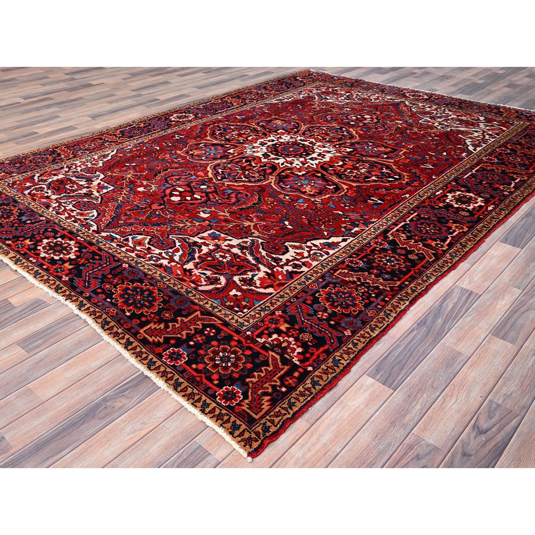 Hand-Knotted Crimson Red Distressed Look Natural Wool Hand Knotted Vintage Persian Heriz Rug For Sale