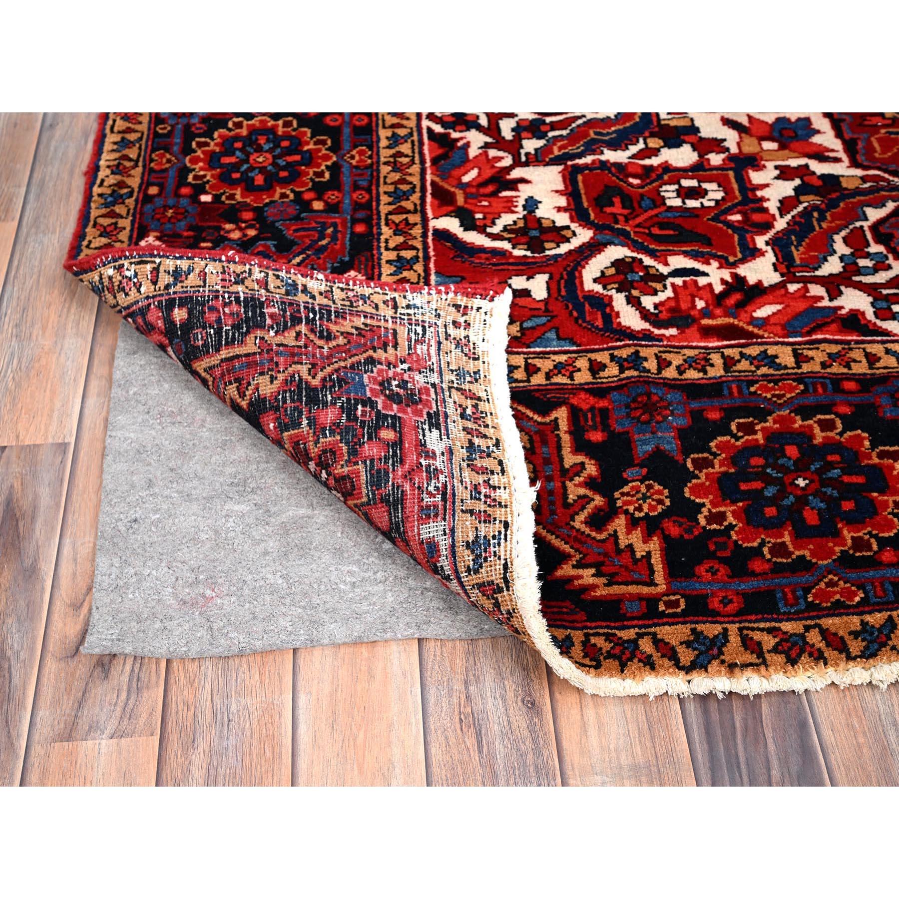 Crimson Red Distressed Look Natural Wool Hand Knotted Vintage Persian Heriz Rug In Good Condition For Sale In Carlstadt, NJ