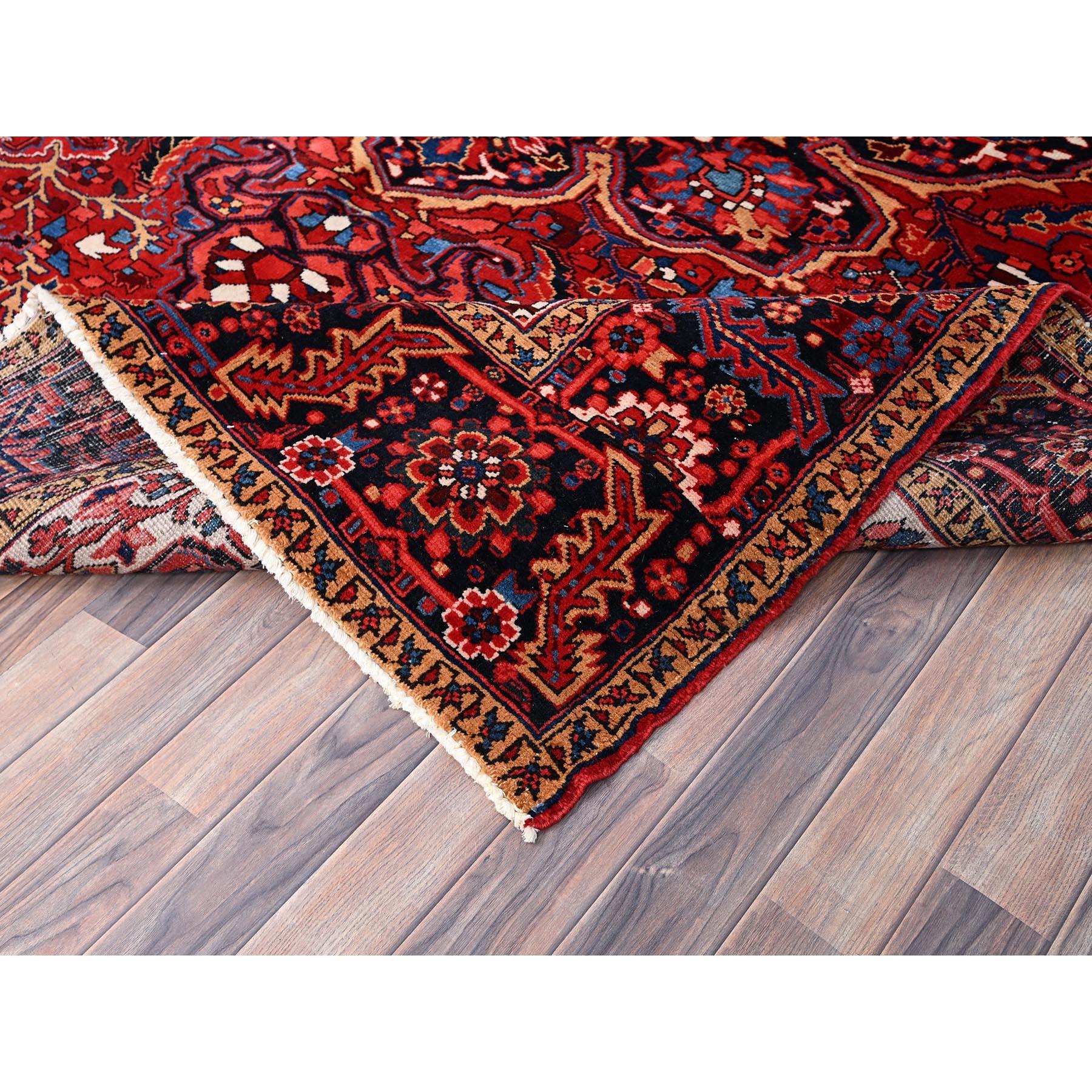 Crimson Red Distressed Look Natural Wool Hand Knotted Vintage Persian Heriz Rug For Sale 1