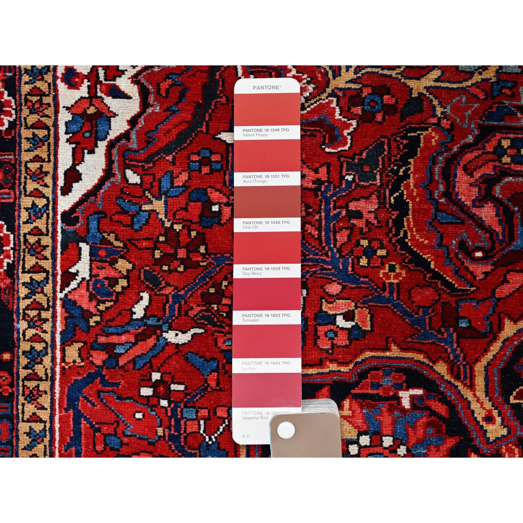 Crimson Red Distressed Look Natural Wool Hand Knotted Vintage Persian Heriz Rug For Sale 2