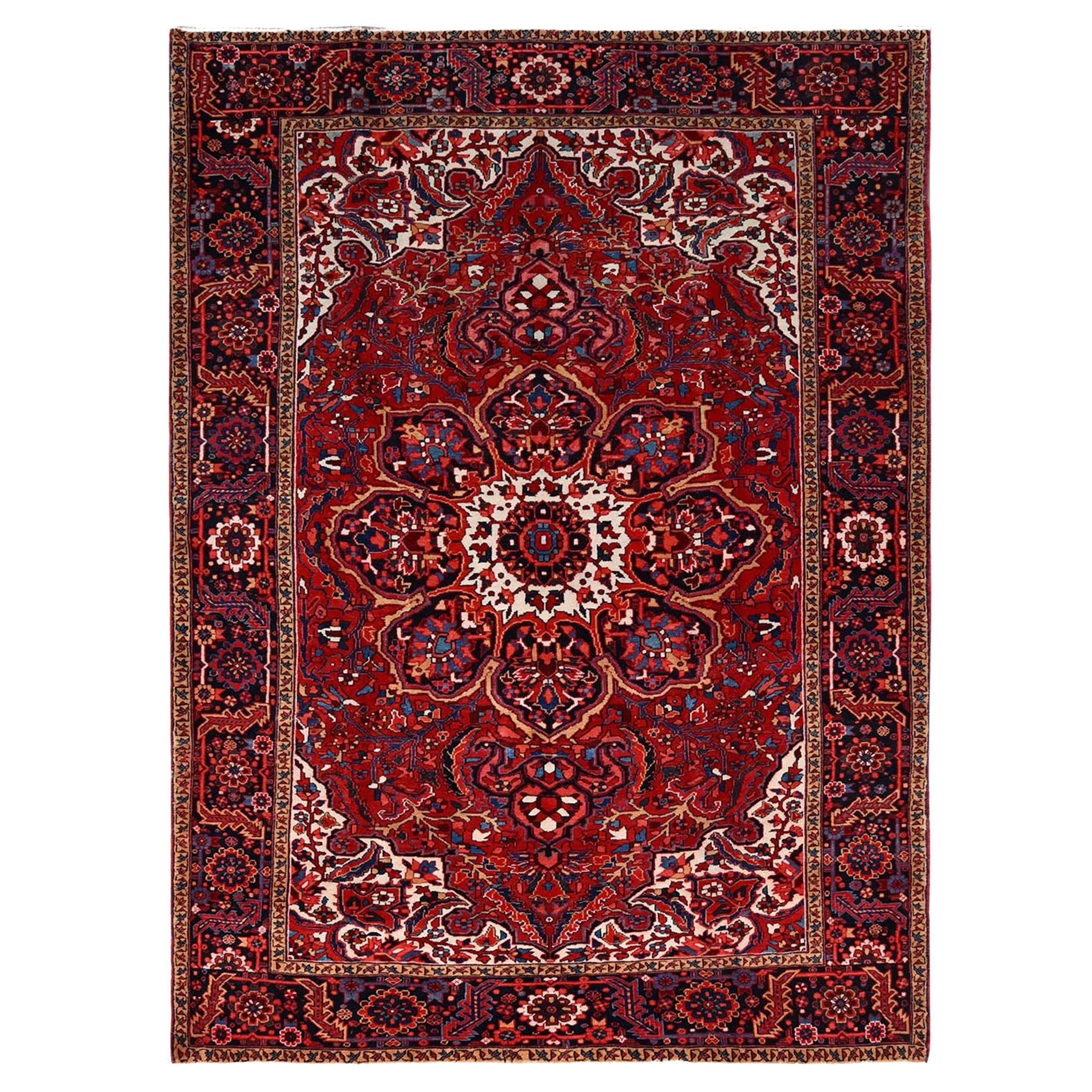 Crimson Red Distressed Look Natural Wool Hand Knotted Vintage Persian Heriz Rug