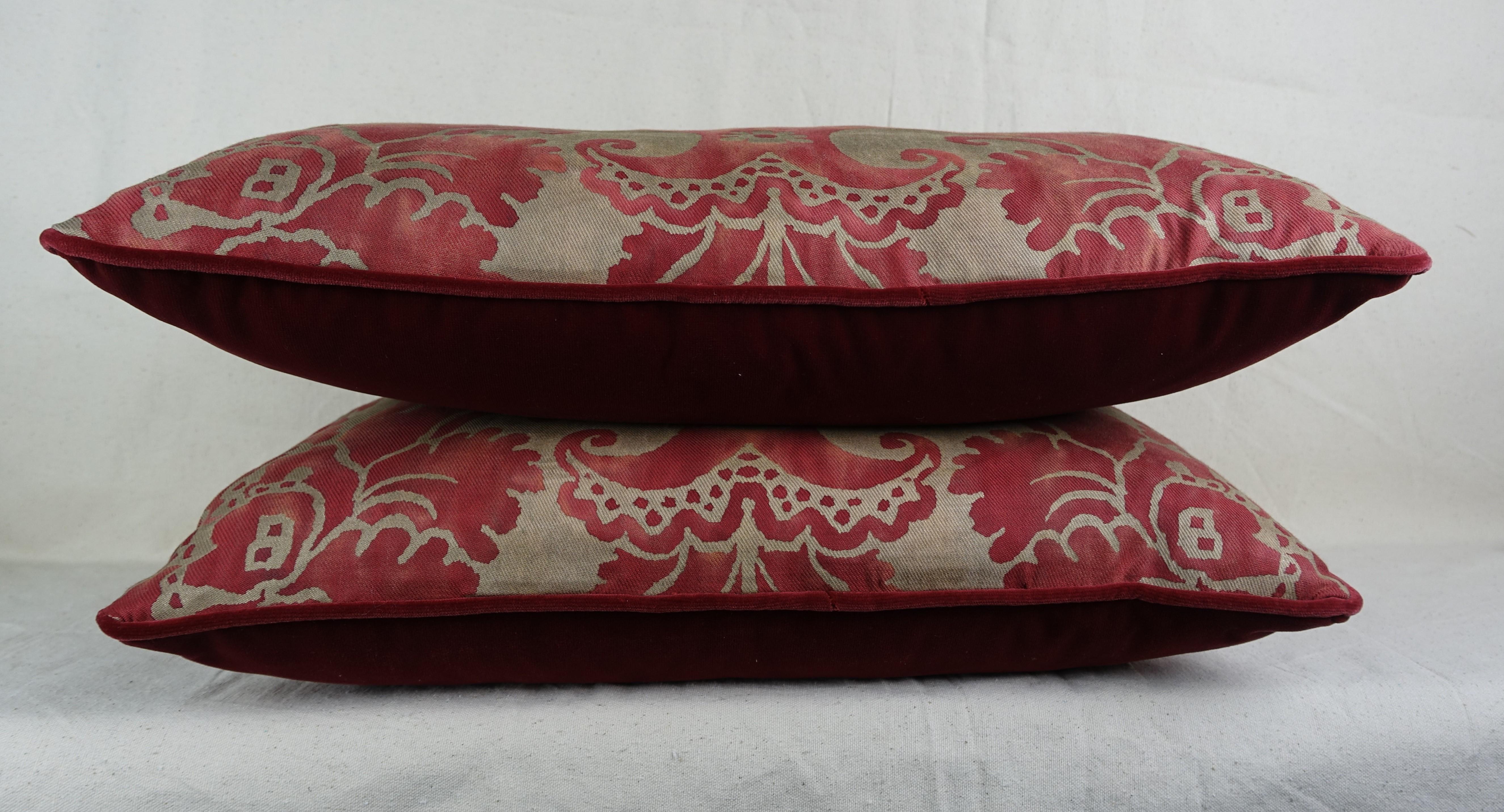 Baroque Crimson Red and Gold Fortuny Pillows, Pair