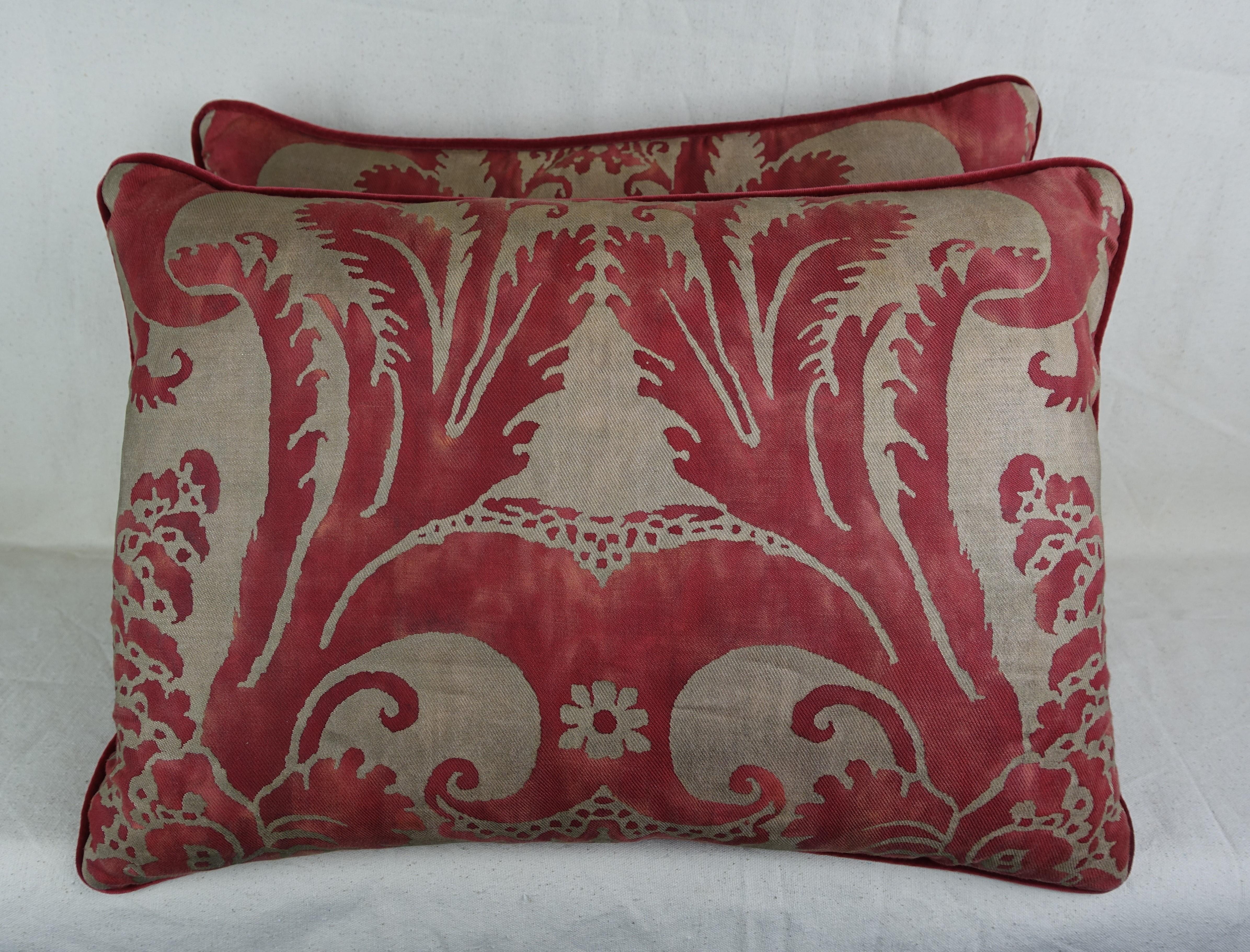 Crimson Red and Gold Fortuny Pillows, Pair In Excellent Condition In Los Angeles, CA