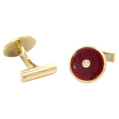 Crimson Red Guilloche Enamel 18k Yellow Gold Diamond Cufflinks