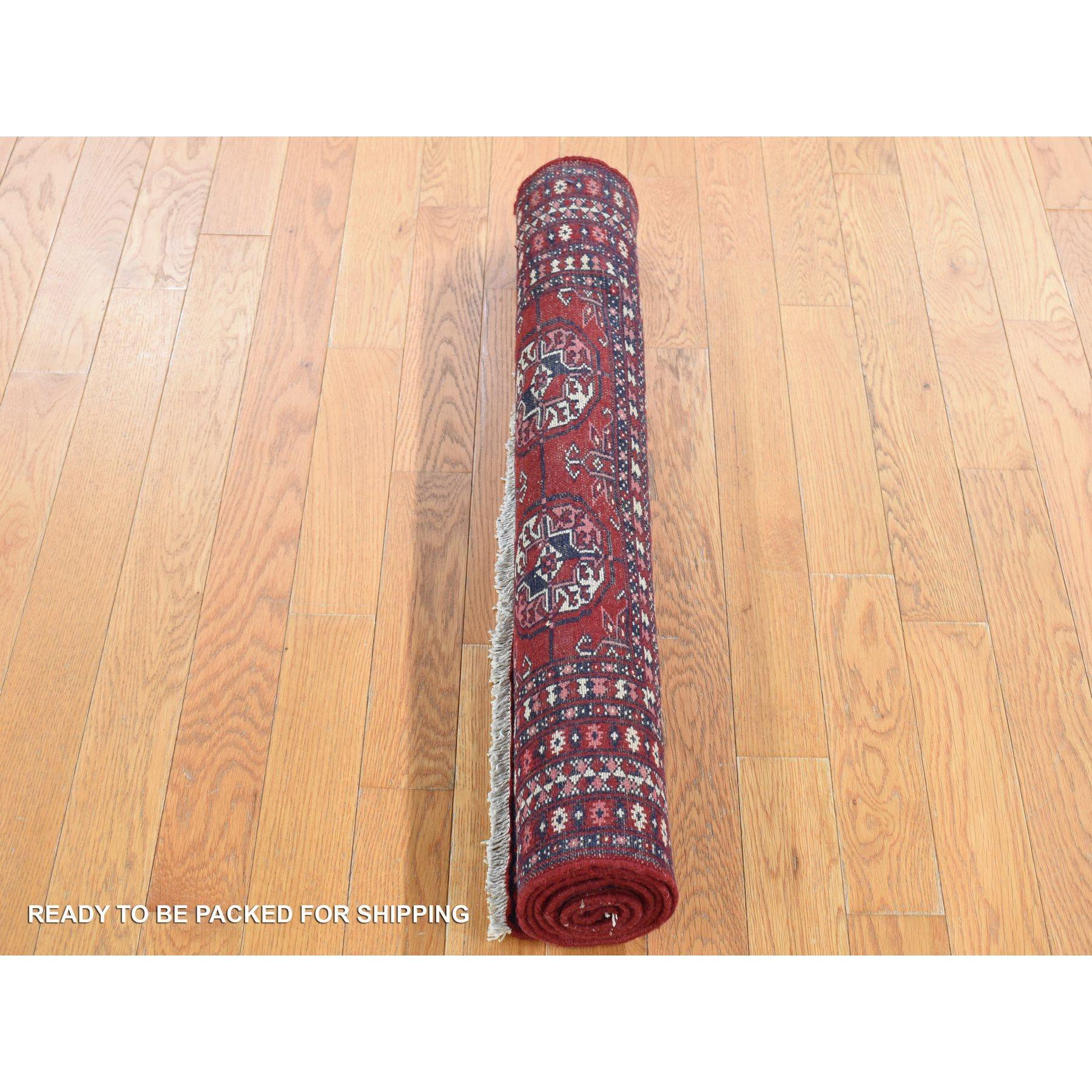 Hand-Knotted Crimson Red Old Turkeman Bokara Elephant Feet Medallions Hand Knotted Wool Rug For Sale