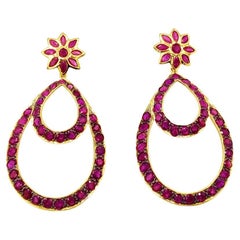 Crimson Red Ruby Abstract Floral 18K Gold Studs with Detachable Chandelier Drops