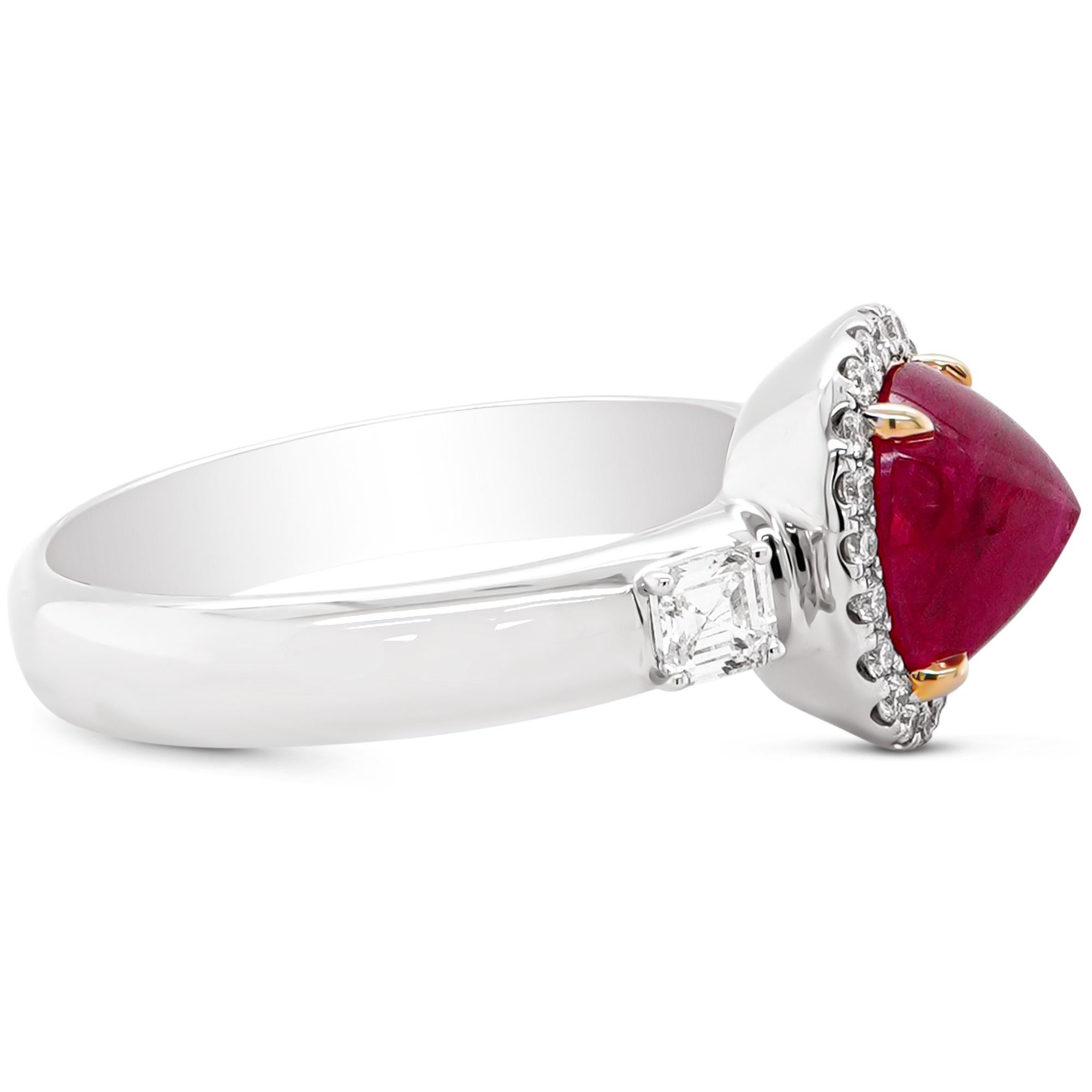 The term Crimson Red was selected to accompany the best (rarest and most beautiful) rubies beyond fluorescence. Crimson describes a rich, saturated red colour, allowing also a minute admixture of purple.

The ring has a 2.51 carat crimson red ruby